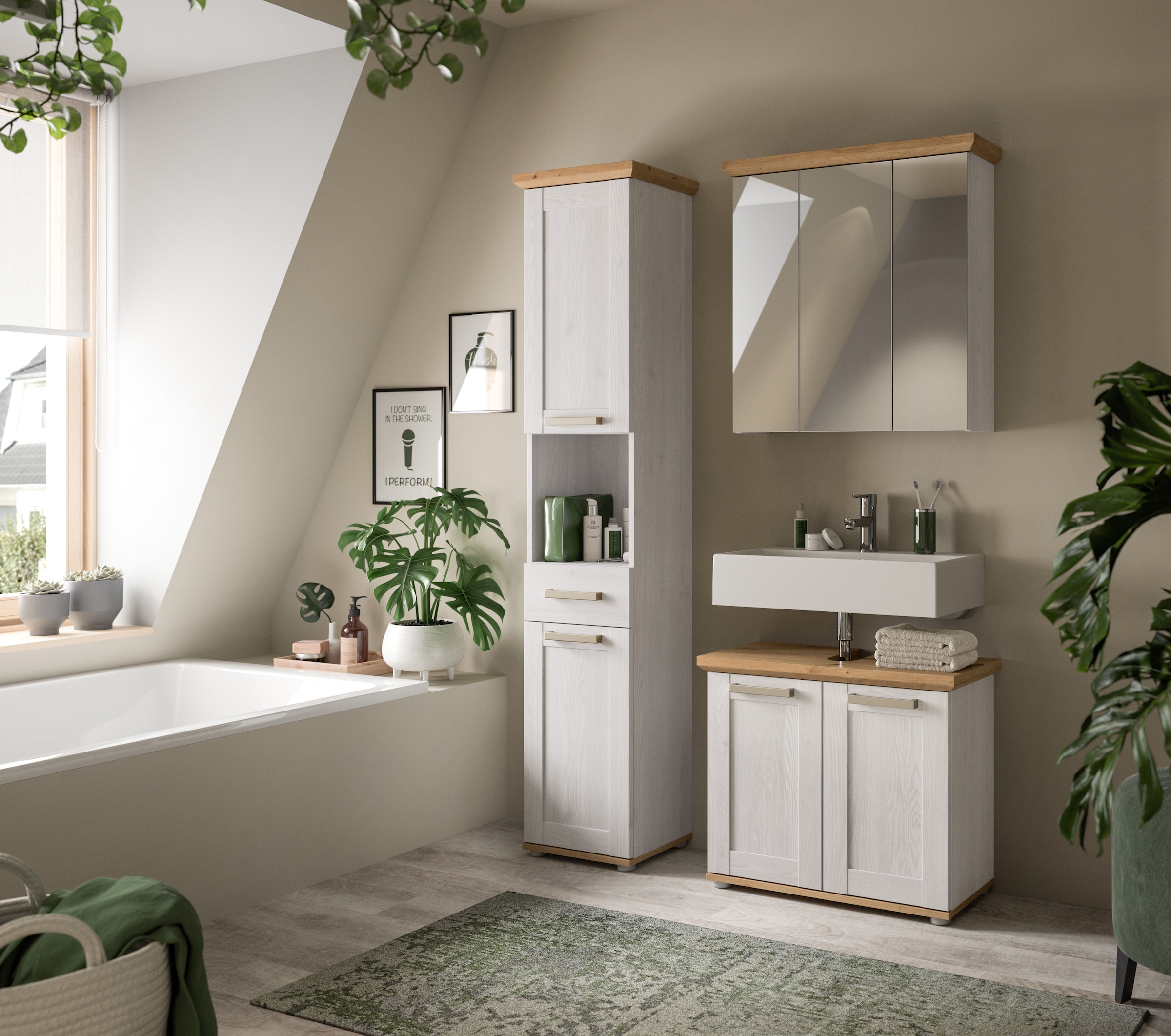 welltime Hochschrank »COSENZA, Höhe 187cm, 2 Türen, 1 Schubkasten, 1 offenes Fach« in Landhausoptik, mit weiteren Artikel der Serie kombinierbar, 1 Stk. tlg. Hochschrank, Bad, Badezimmerschrank