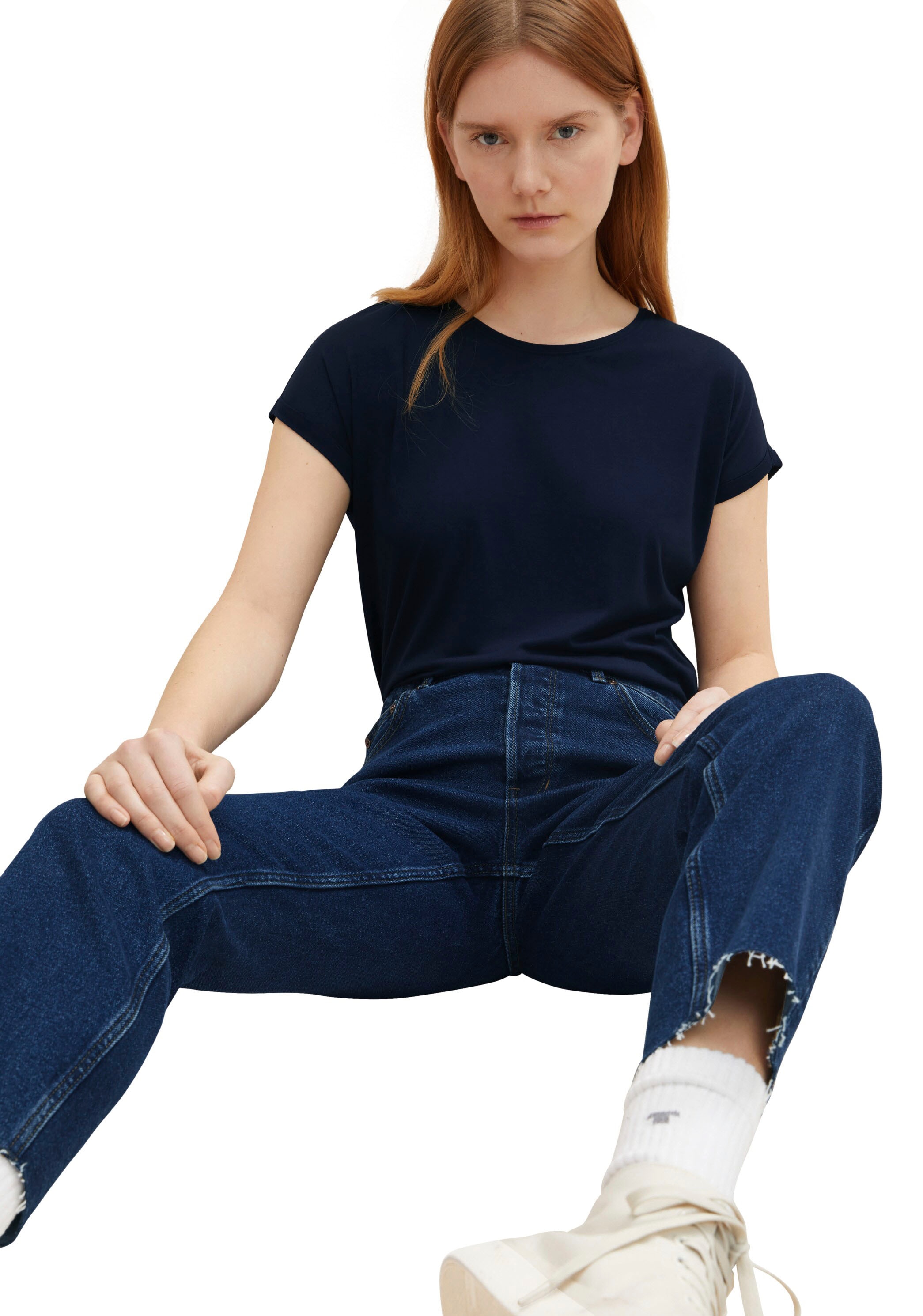 TOM TAILOR Denim Rundhalsshirt, mit Ärmelaufschlag