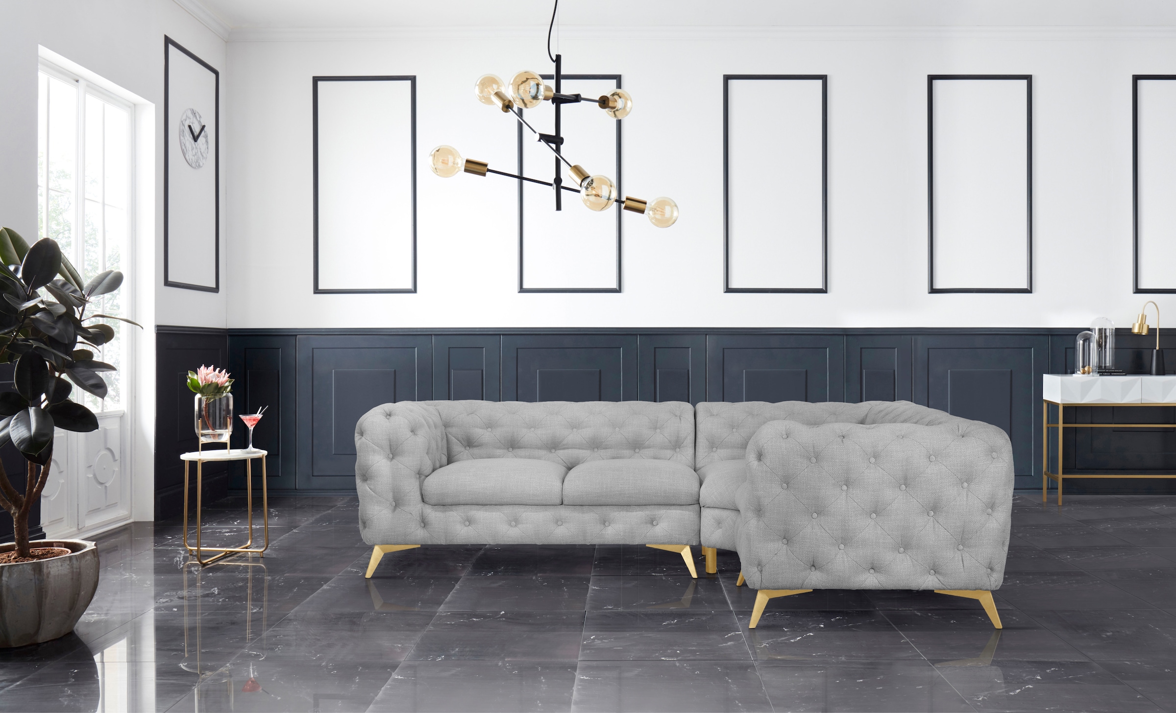 Leonique Chesterfield-Sofa »Ecksofa GLYNIS L-Form mit Wellenunterfederung, Maße B/T/H 264/204/75cm«, aufwändige Knopfheftung, moderne Chesterfield Optik, Fußfarbe wählbar