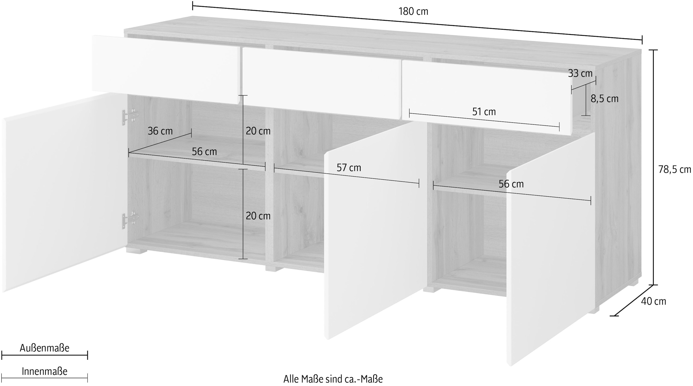 INOSIGN Kommode »Cross,Breite 180 cm, moderne grifflose Kommode,3 Türen/3 Schubkästen«, Schubladenschrank mit viel Stauraum, Einlegeböden verstellbar