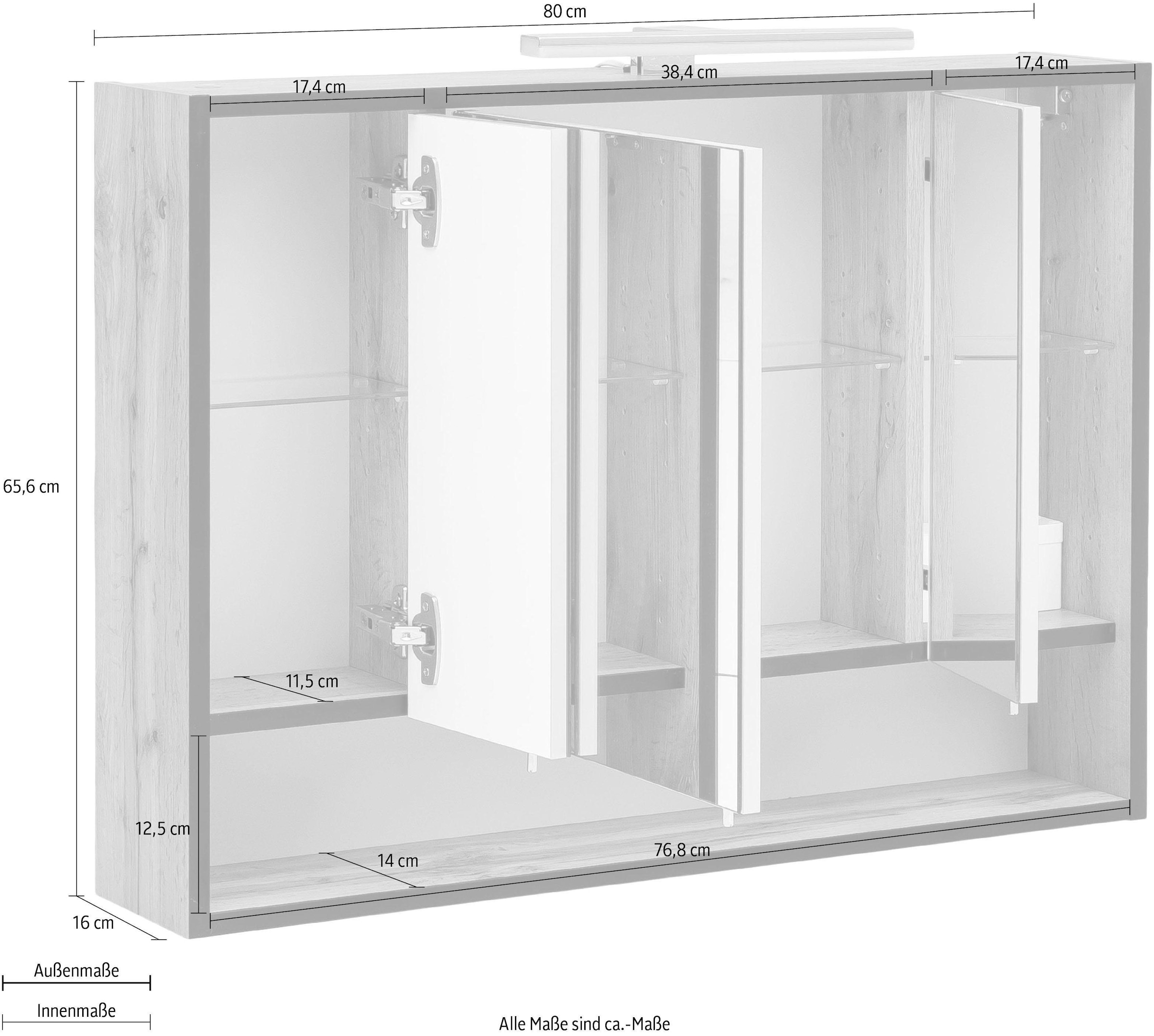 Schildmeyer Spiegelschrank 3-türig, Schalter-/Steckdosenbox bestellen BAUR | Breite LED-Beleuchtung, cm, »Maxima«, 80