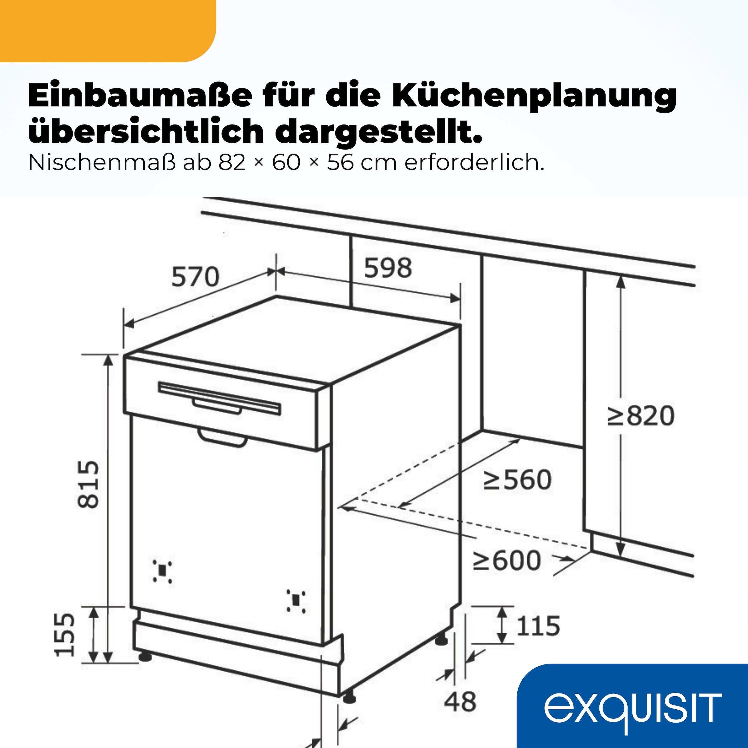 exquisit teilintegrierbarer Geschirrspüler 6312 »EGSP6312-EB-030E inox« 11 l 12 tlg. Maßgedecke 12 Maßgedecke & flüsterleise 49 dB – stark und angenehm ruhig