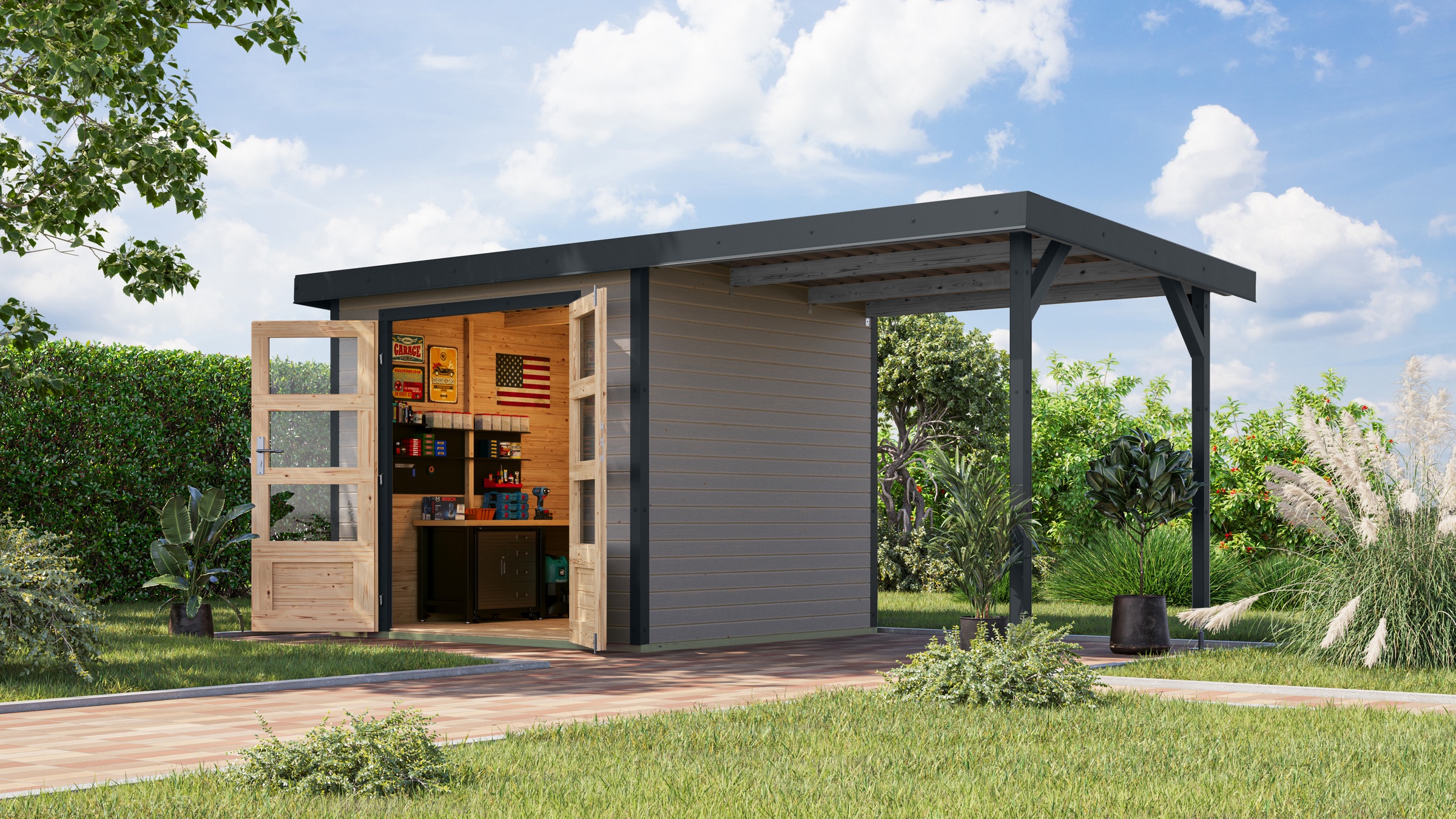 Karibu Gartenhaus ""Jupiter 3 D" SET wassergrau, mit Anbaudach 2,35 m breit günstig online kaufen