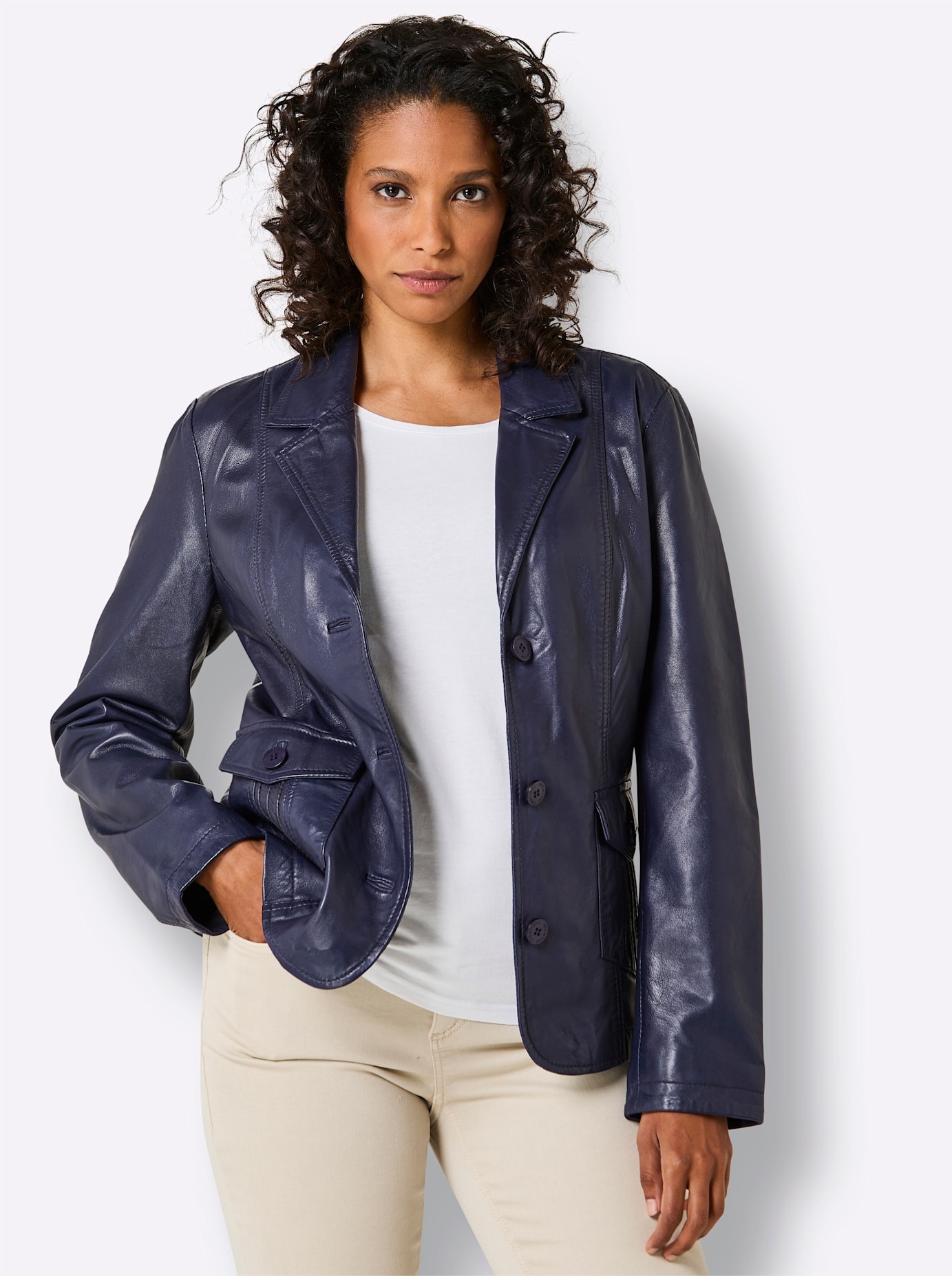 Lederblazer MAINPOL "Lammnappa-Lederblazer", Damen, Gr. 40, marine, 100% Lammnappaleder, Blazer 2