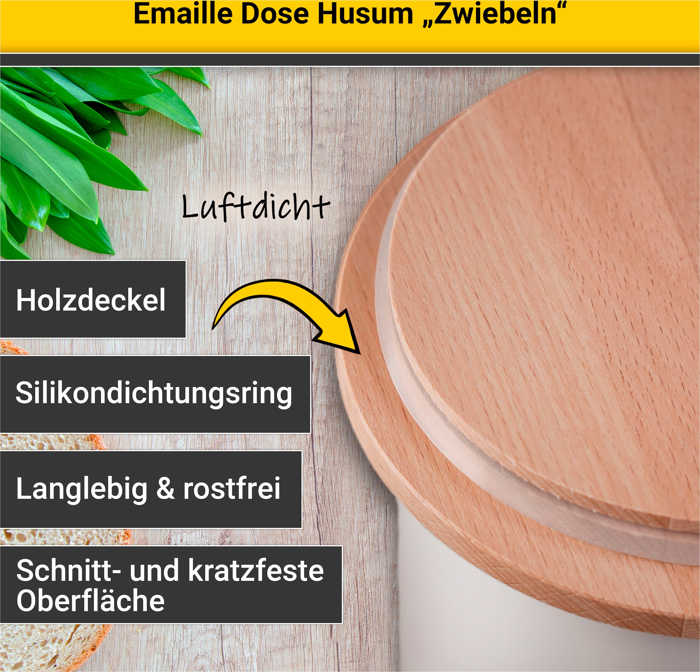 Krüger Vorratsdose »Emaille Vorratsdose Husum für Zwiebeln mit Holzdeckel, 12 cm«, (1 tlg.), schnitt-/kratzfeste Oberfläche, Bakterienabweisend, extrem langlebig