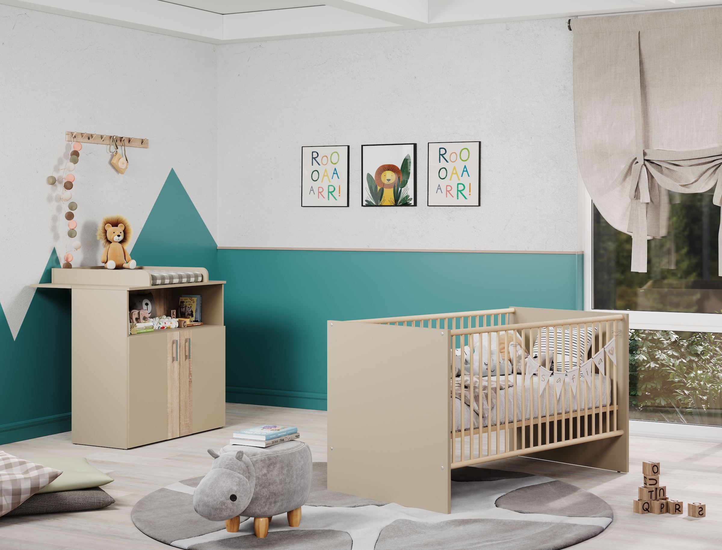 trendteam Babymöbel-Set »Beja«, (Set, 2 tlg.), Babyzimmermöbel: Kinderbett und Wickelkommode - silberfarbene Griffe