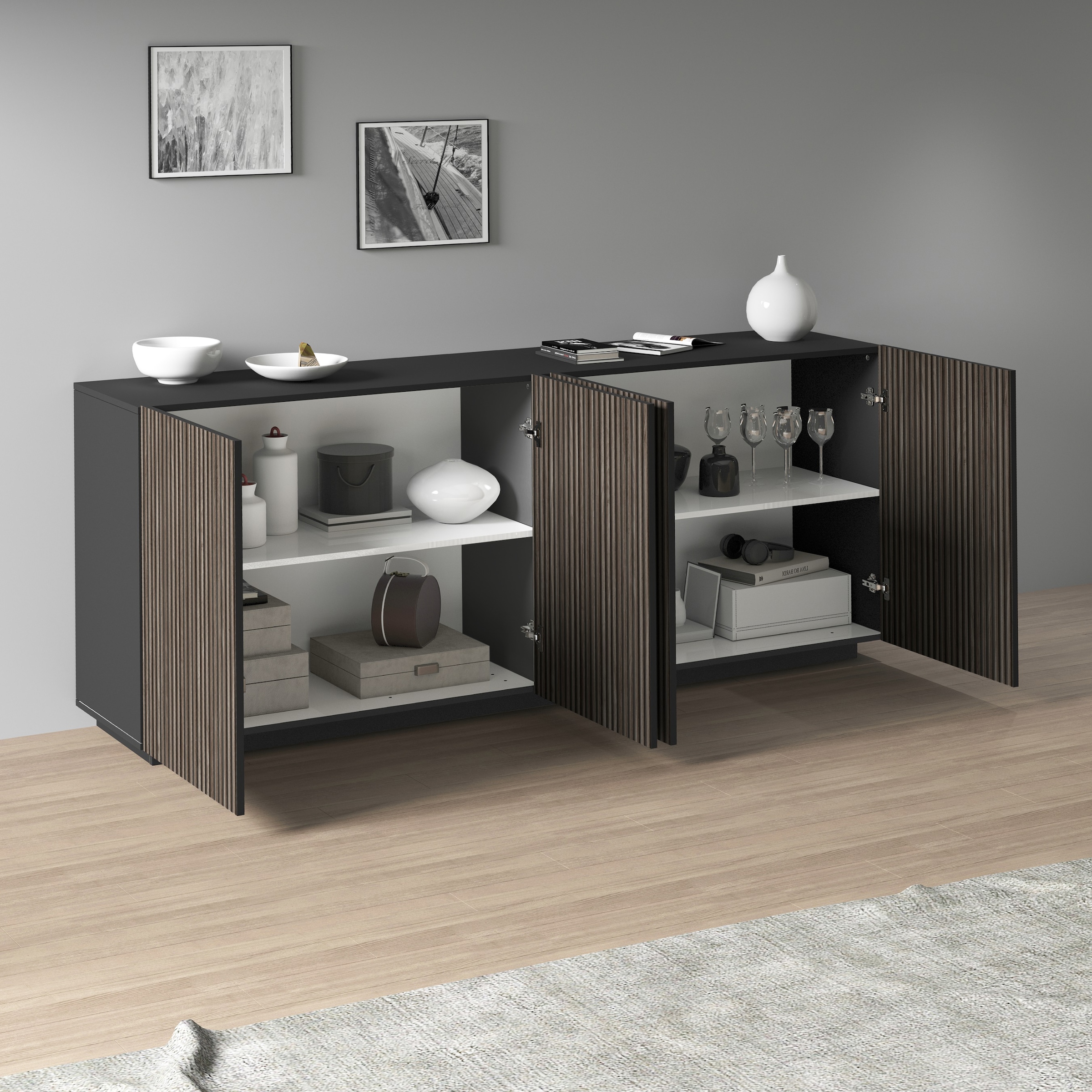 INOSIGN Sideboard »Vega Sideboard,Kommode,200 cm«, mit 4 Türen,Fronten mit Rillen-Optik