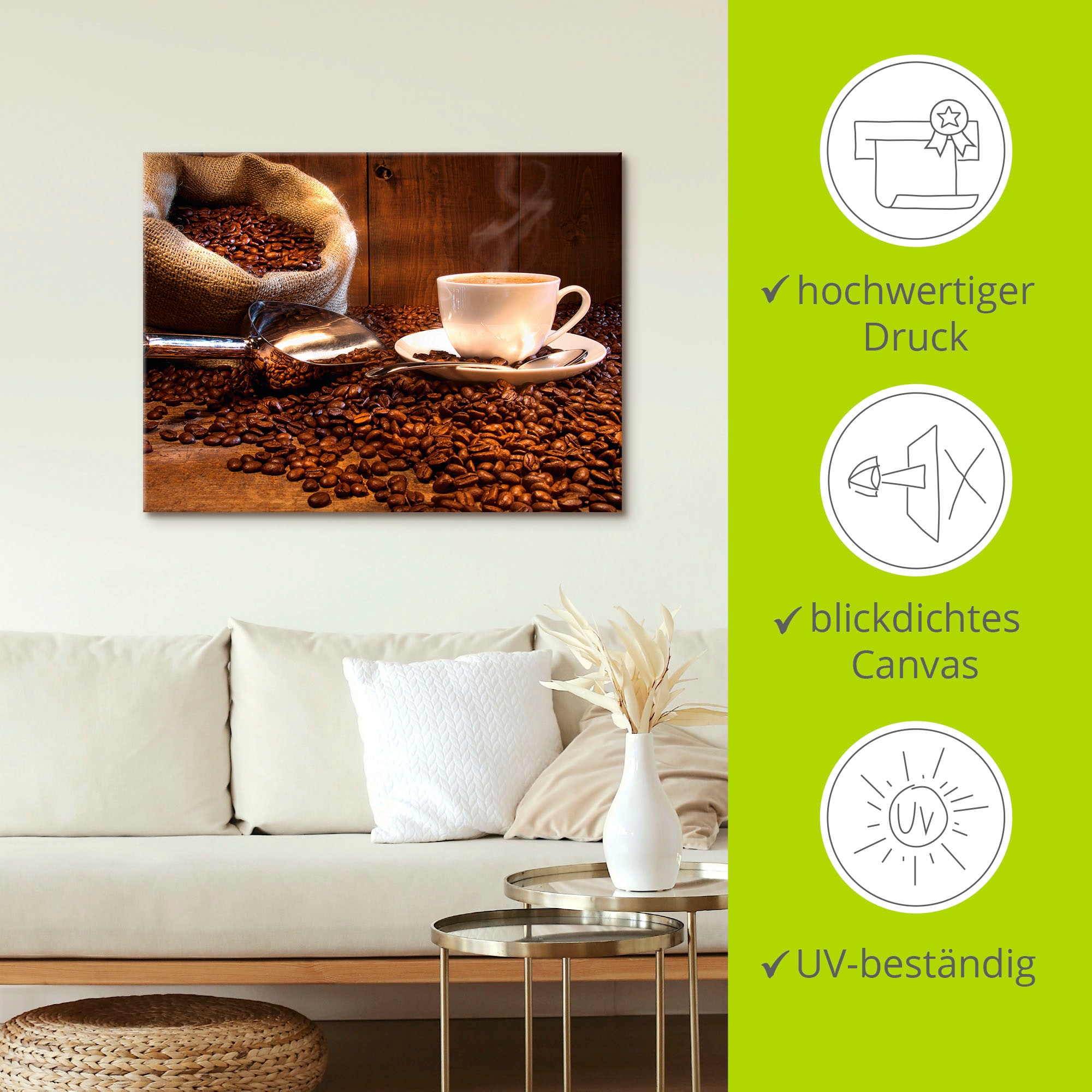 Artland Leinwandbild »Kaffeetasse und Leinensack auf Tisch«, Getränke, (1 St.), auf Keilrahmen gespannt