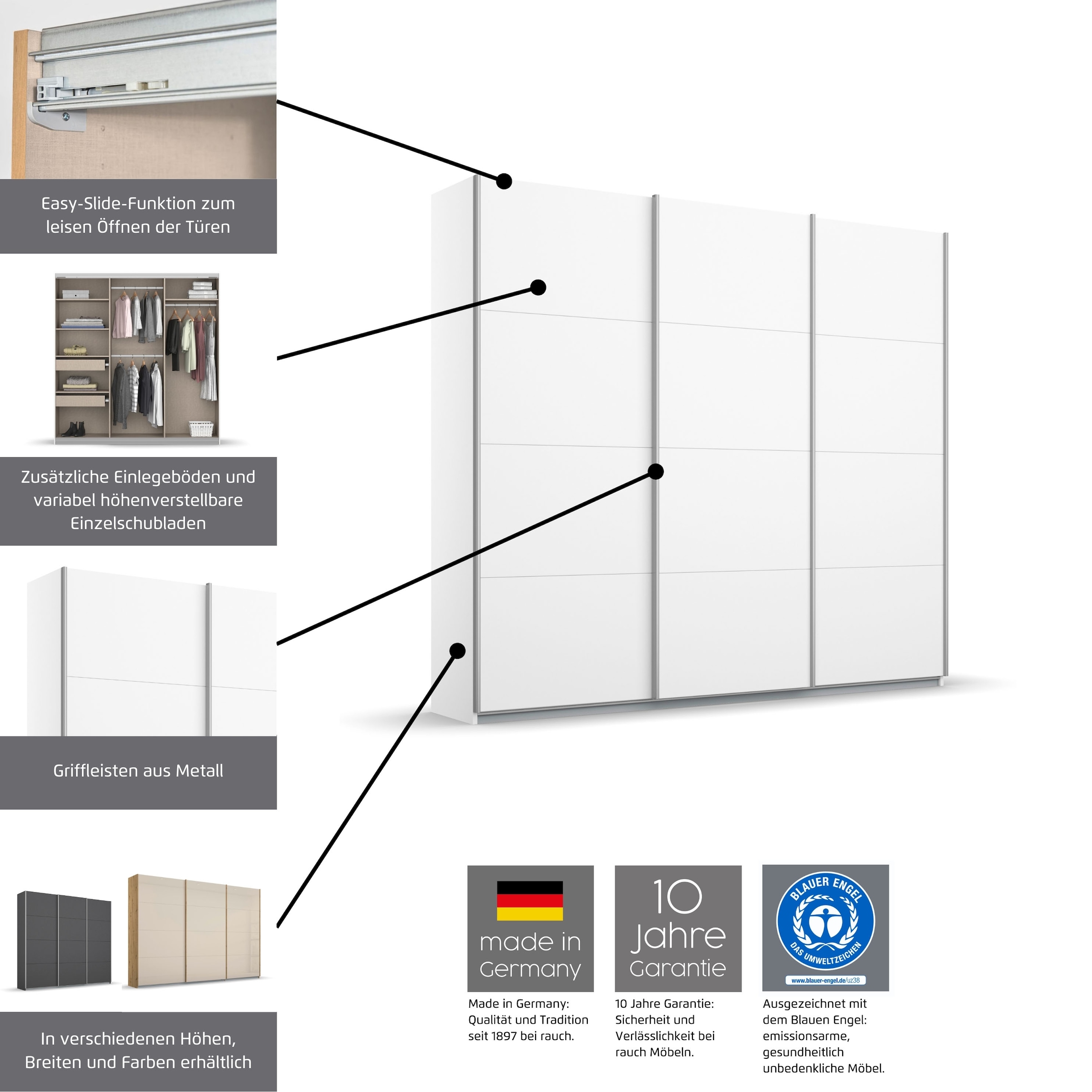 rauch Schwebetürenschrank »Kleiderschrank Schrank Garderobe KOLUNA mit Glastüren und Spiegel«, inkl. 2 Innenschubladen sowie extra Einlegeböden MADE IN GERMANY