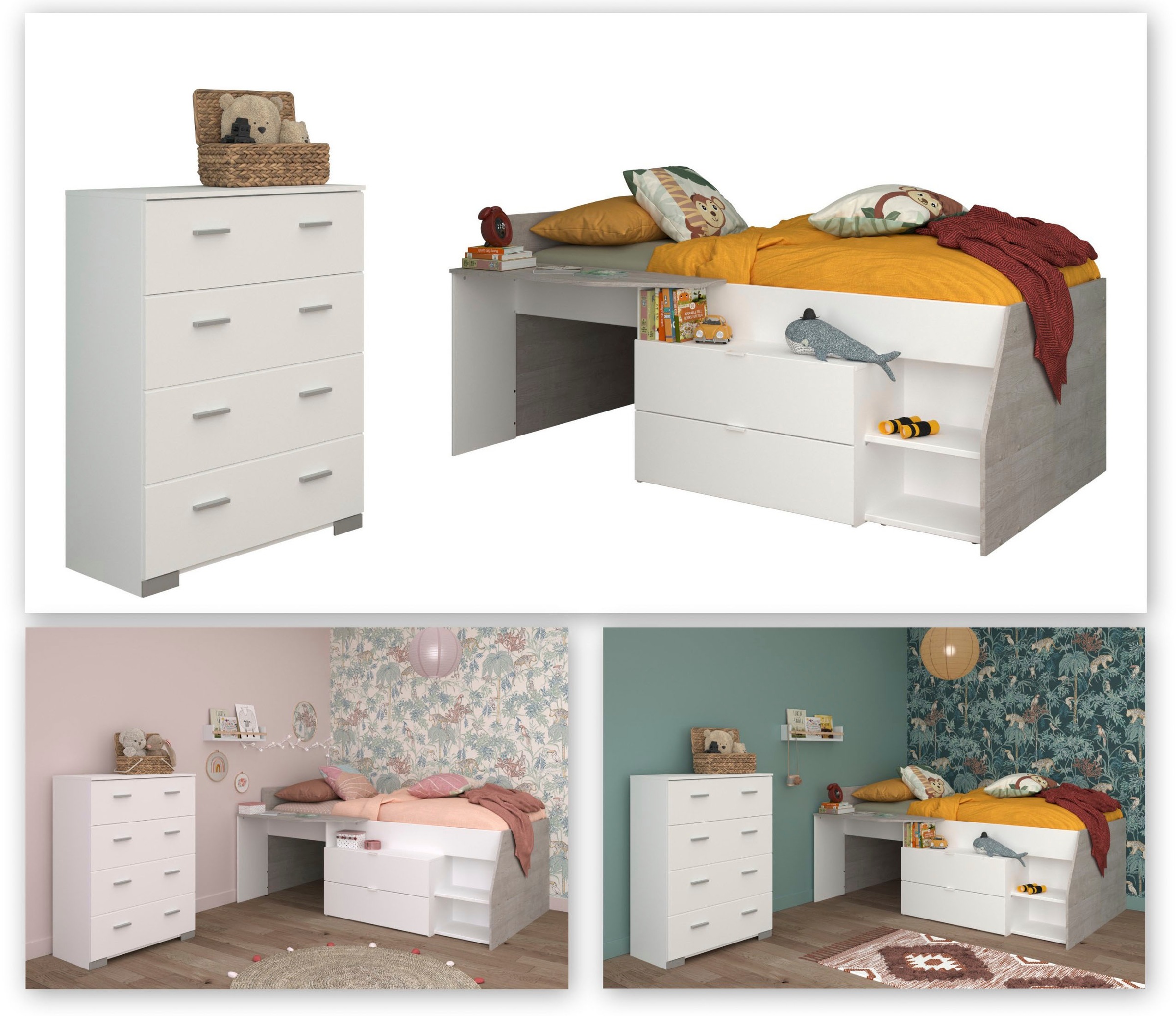 Parisot Jugendzimmer-Set »Parisot Milky 16«, (2 tlg.), viel Stauraum, halbhohes Hochbett