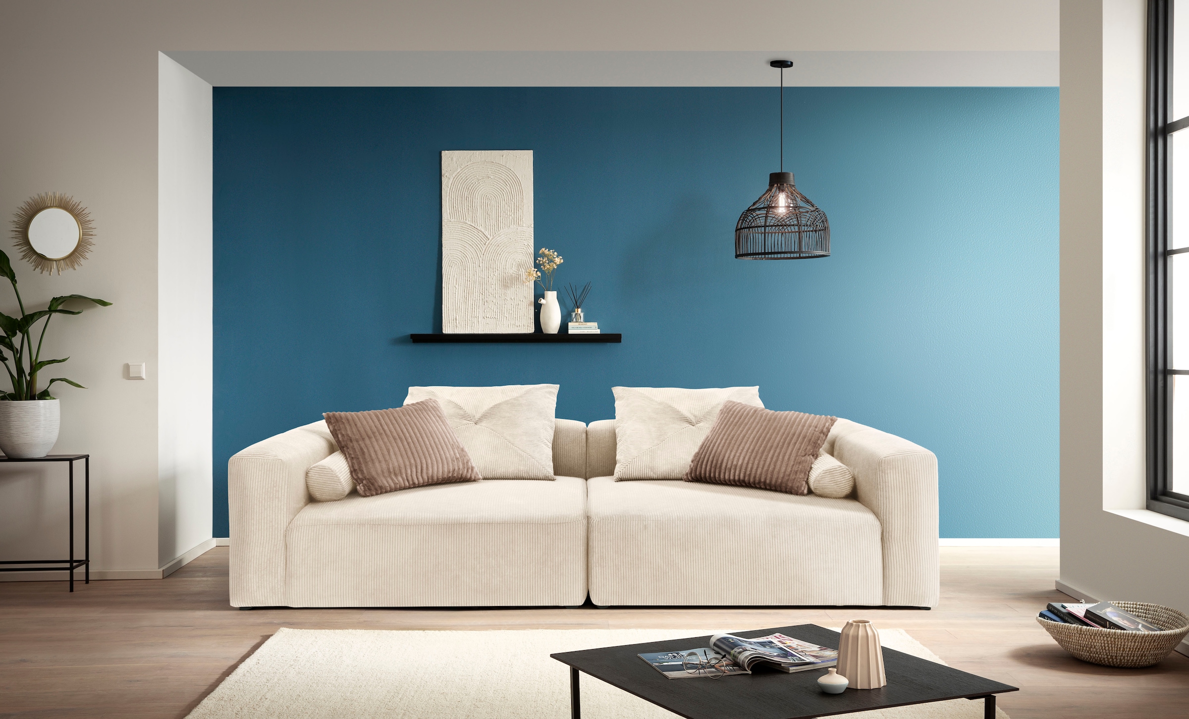 Home affaire Big-Sofa "Suyana mit Federkern, B/T/H: 304/135/69 cm, Zierkissen + Kissenrollen" grosszügiges, gemütliches Megasofa, viel Platz zum Relaxen, Cord-Bezug
