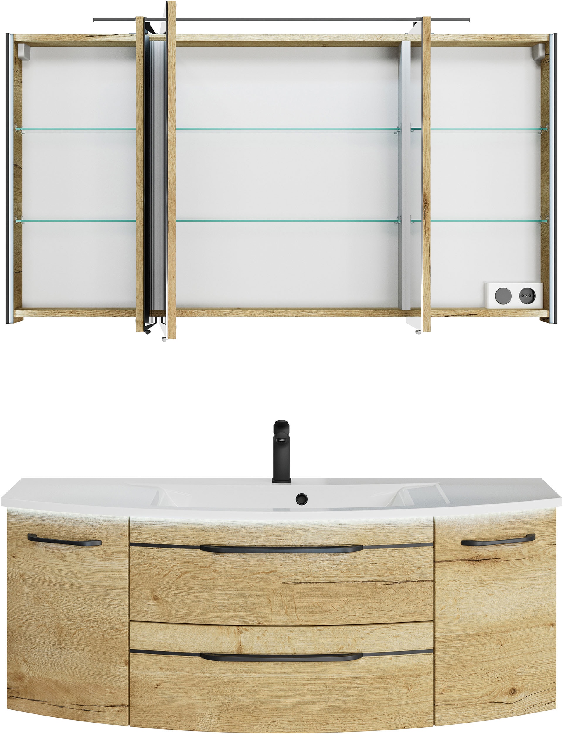 Saphir Badmöbel-Set »Serie 7045 2-teilig Mineralmarmor-Waschtisch mit LED-Spiegelschrank«, (Set, 2 St.), Badezimmer-Set 133,2 cm breit, inkl. Türdämpfer, 5 Türen, 2 Schubladen