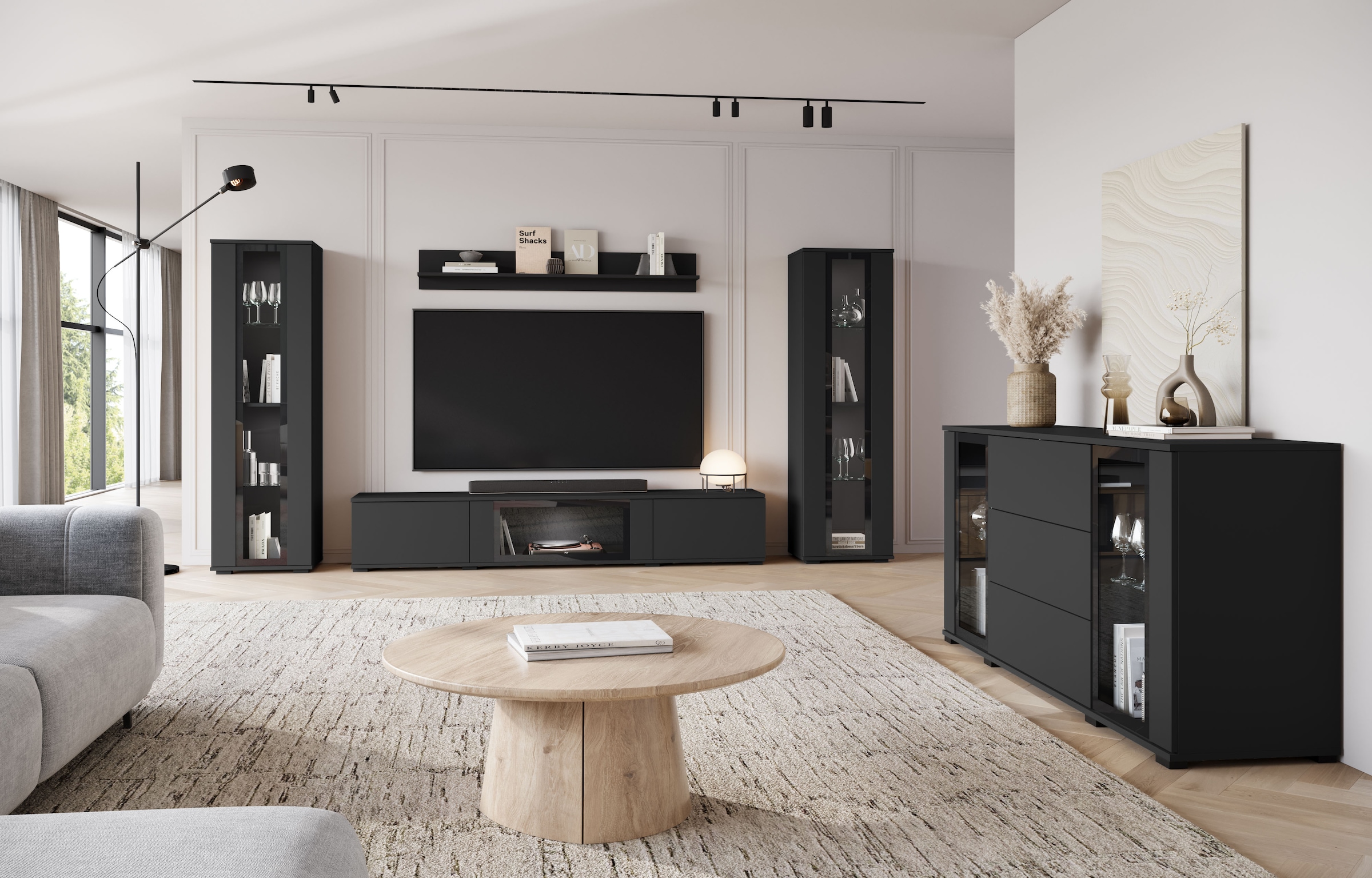 INOSIGN Wohnwand »Caro, stehend und hängend montierbar«, (Komplett-Set, 4 St., Vitrine Türanschlag links/rechts wechselbar), grifflose Design, höhenverstellbare Einlegeböden