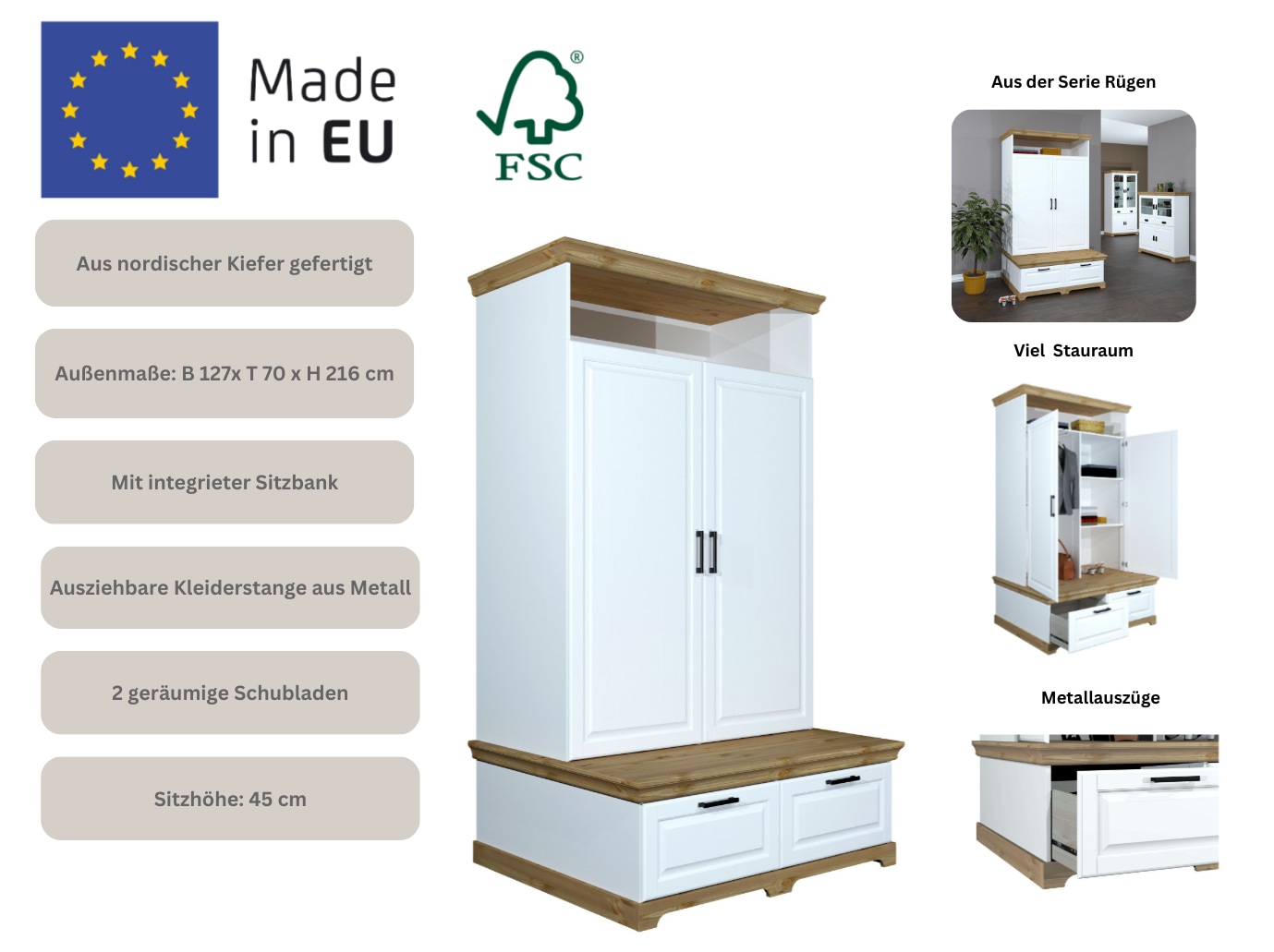 OTTO home Kleiderschrank »Rügen Garderobenschrank, Drehtürenschrank, Schrank«, FSC® zertifizierte massive Kiefer, Breite 127 cm