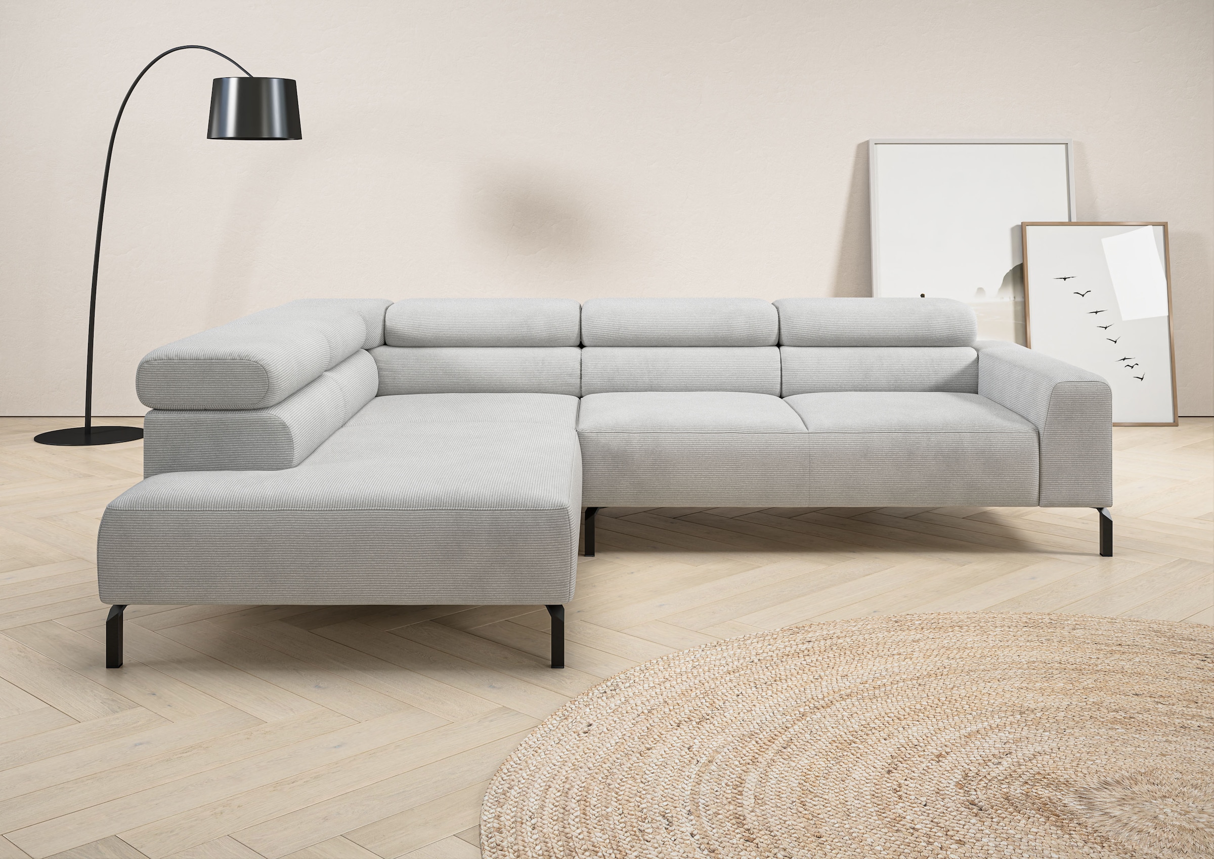 Home affaire Ecksofa "Antonelli, L-Form, inkl. Kopfteilverstellung, Breite 276 cm" ohne Sitztiefenverstellung, in Feincord, silber