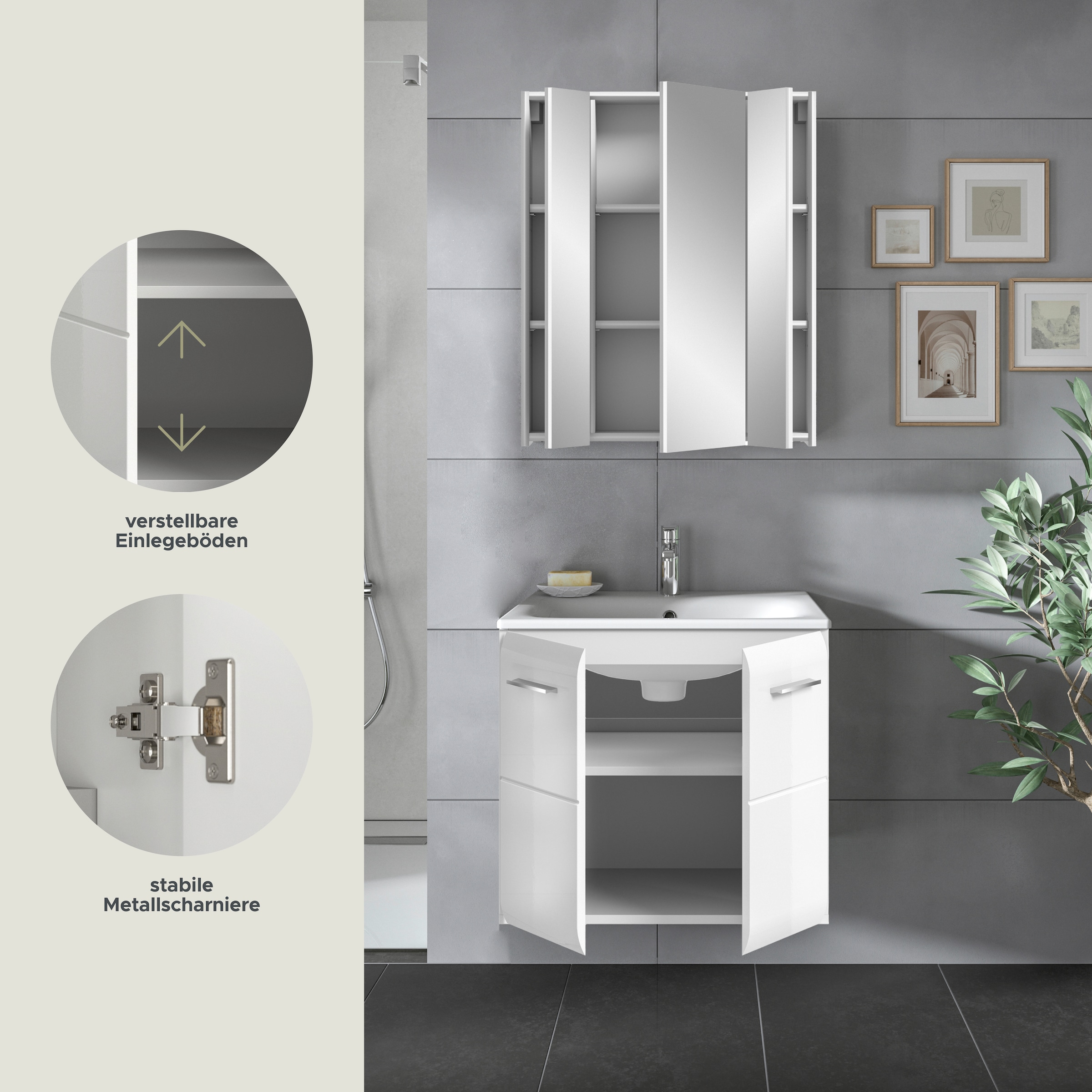 INOSIGN Badezimmer-Set, (Set, 3 St.), Florenz, Badkombination 3-tlg., Weiß Hochglanz, inkl. Waschbecken