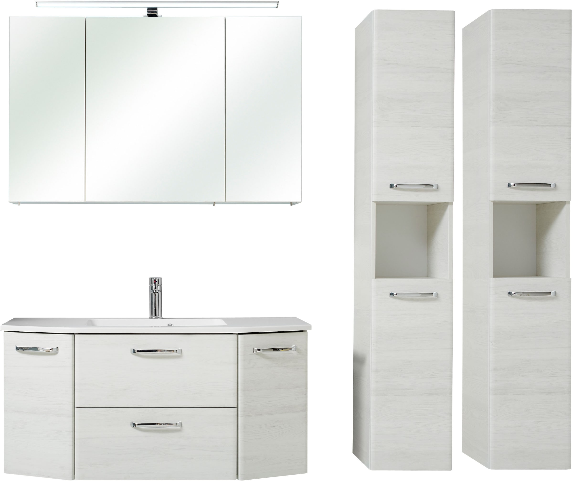 Saphir Badmöbel-Set »Quickset 936 4-teilig, Mineralmarmor-Waschtisch und LED-Spiegelschrank«, (Set, 4 St.), 2 Hochschränke, Eiche Weiß quer Nachbildung, inkl. Türdämpfer, 9 Türen