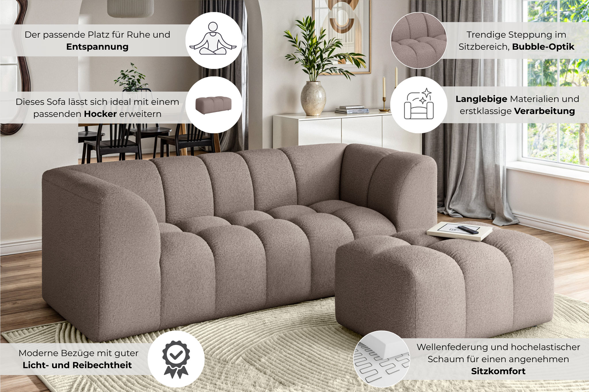 Thumbnail - Home affaire 3-Sitzer "TUURE Verlässliche Qualität, moderne Steppung, Breite 227cm" Bubble Optik, hoher Sitzkomfort, Wel...