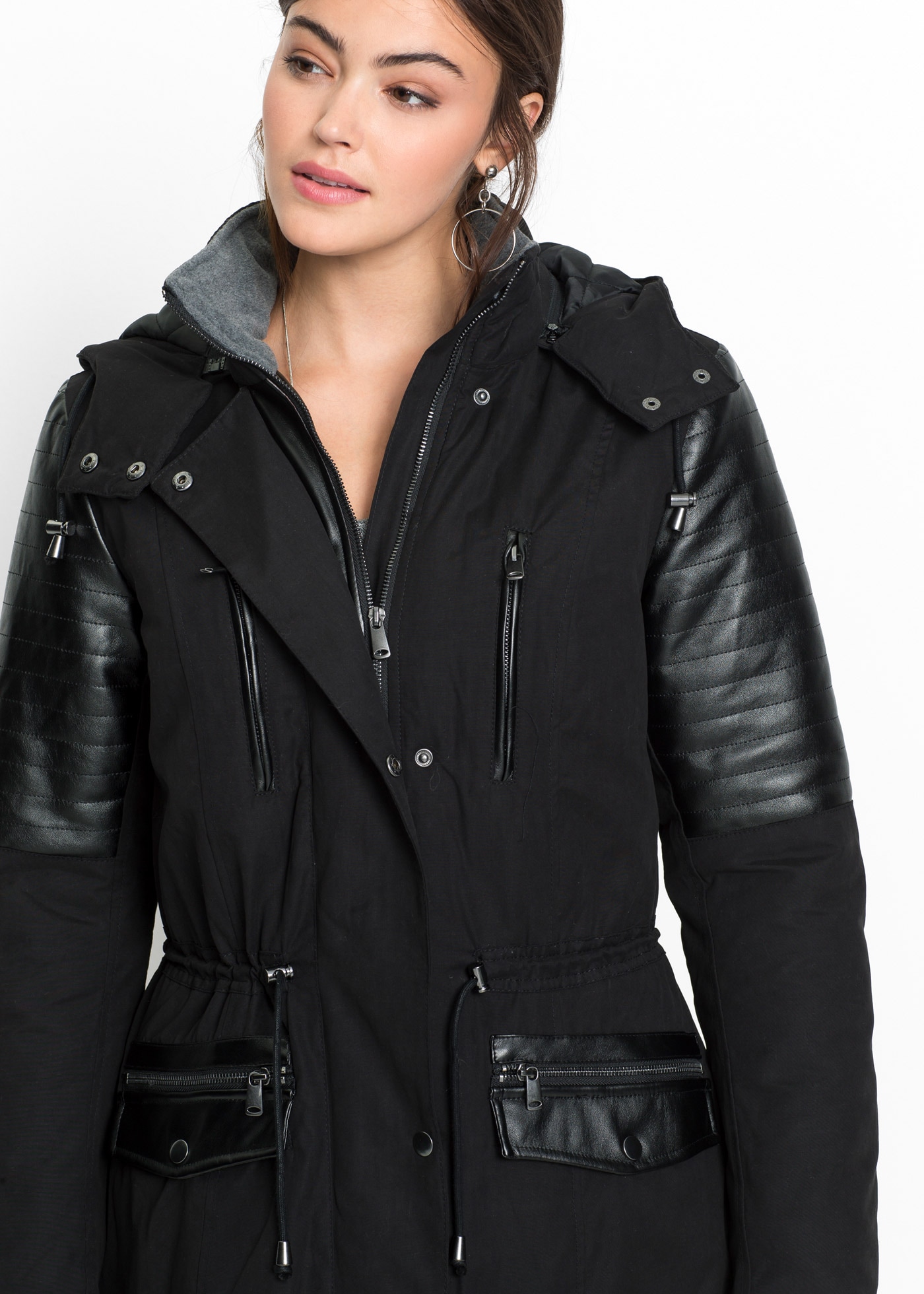 bonprix Langjacke mit Kapuze Winterjacke mit Kapuze als Long-Parka mit Lederimitateinsatz