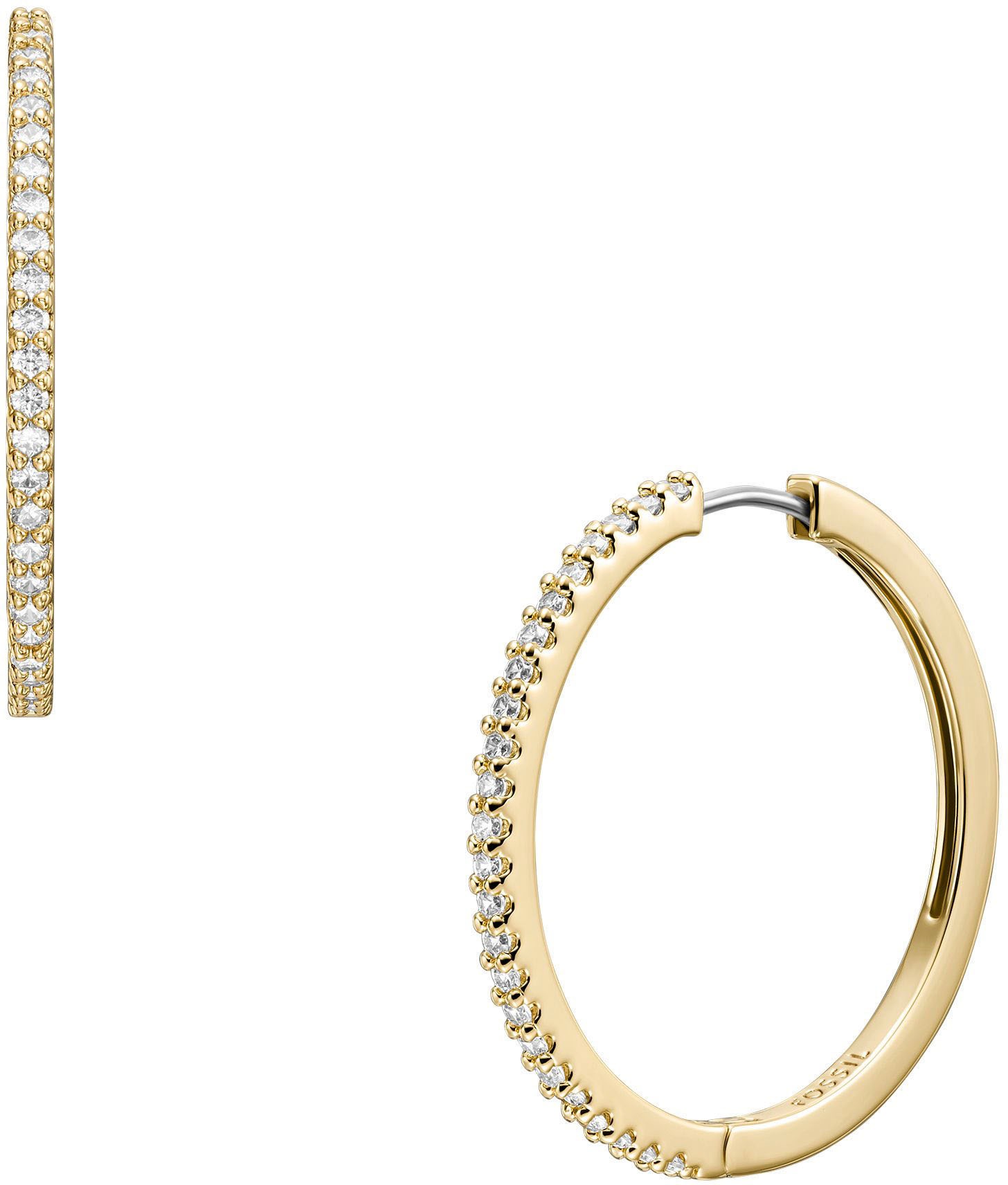 Paar Creolen FOSSIL "Schmuck Geschenk Metall Ohrringe Ellis", gelb (gelbgoldfarben, metallfarben, kristallweiß, kristallweiß), Ohrringe, Damen, 30mm, Metall, mit Zirkonia (synth.) 3