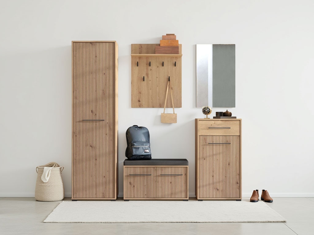 Home affaire Garderoben-Set "Landes, Schrank, Schuhbank mit Kissen, Paneel, Spiegel und Kommode" Komplett-Set, 5 Stk. tlg.