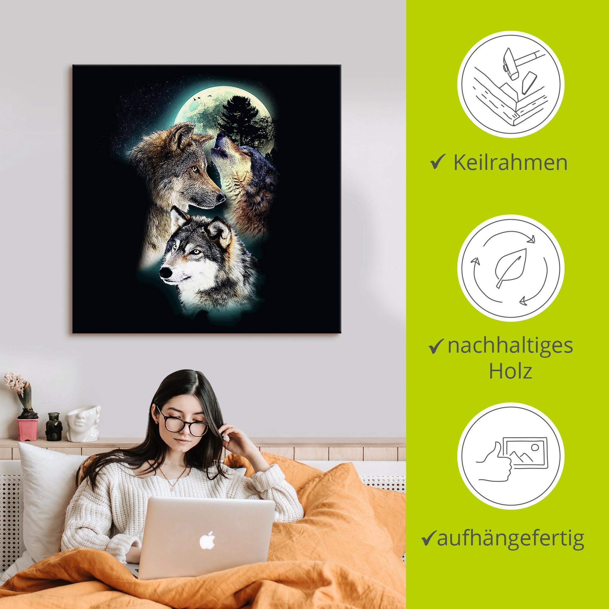 Artland Wandbild »Phantasie Wolf Wölfe mit Mond«, Wildtiere, (1 St.), als Leinwandbild, Poster, Wandaufkleber in verschied. Größen