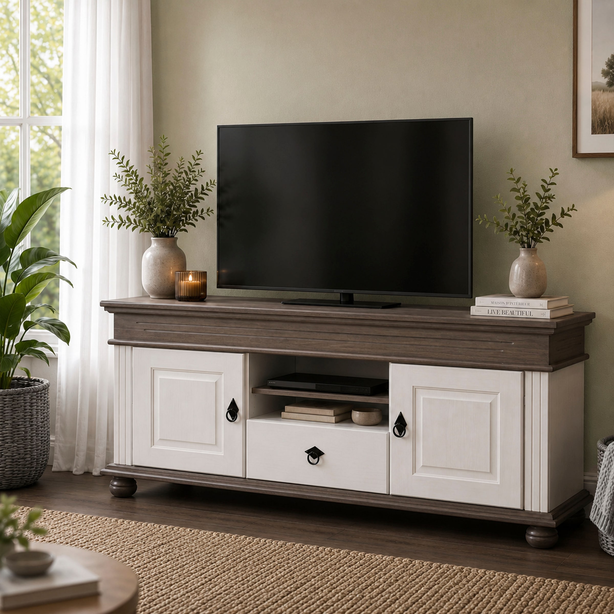 Inter Link TV-Board »Halmaro, Kiefer Massivholz, Soft-close, 159 x 46 x 65 cm, Stauraum« 1 Stk. tlg. TV Lowboard in Weiss, Grau/Lava, Landhausstil, 2 Türen, 1 Schublade