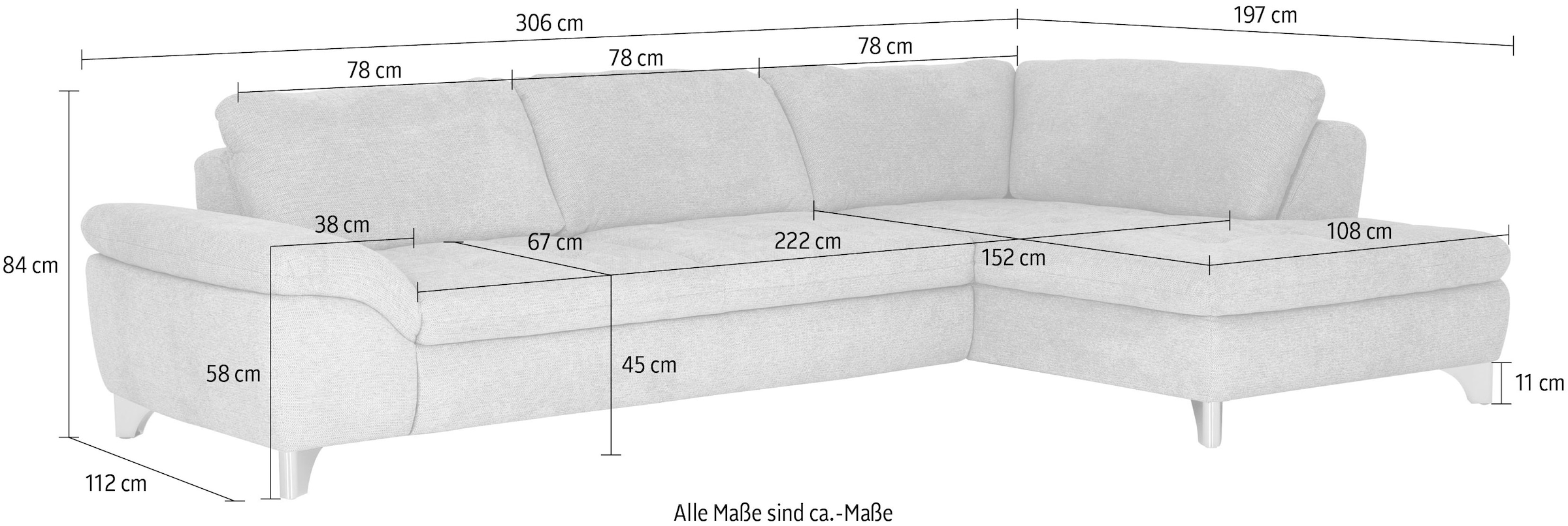 Die PlanBar Ecksofa »MP-IN14007, Breite 306 cm« wahlweise mit Bettfunktion und verstellbaren Kopfstützen