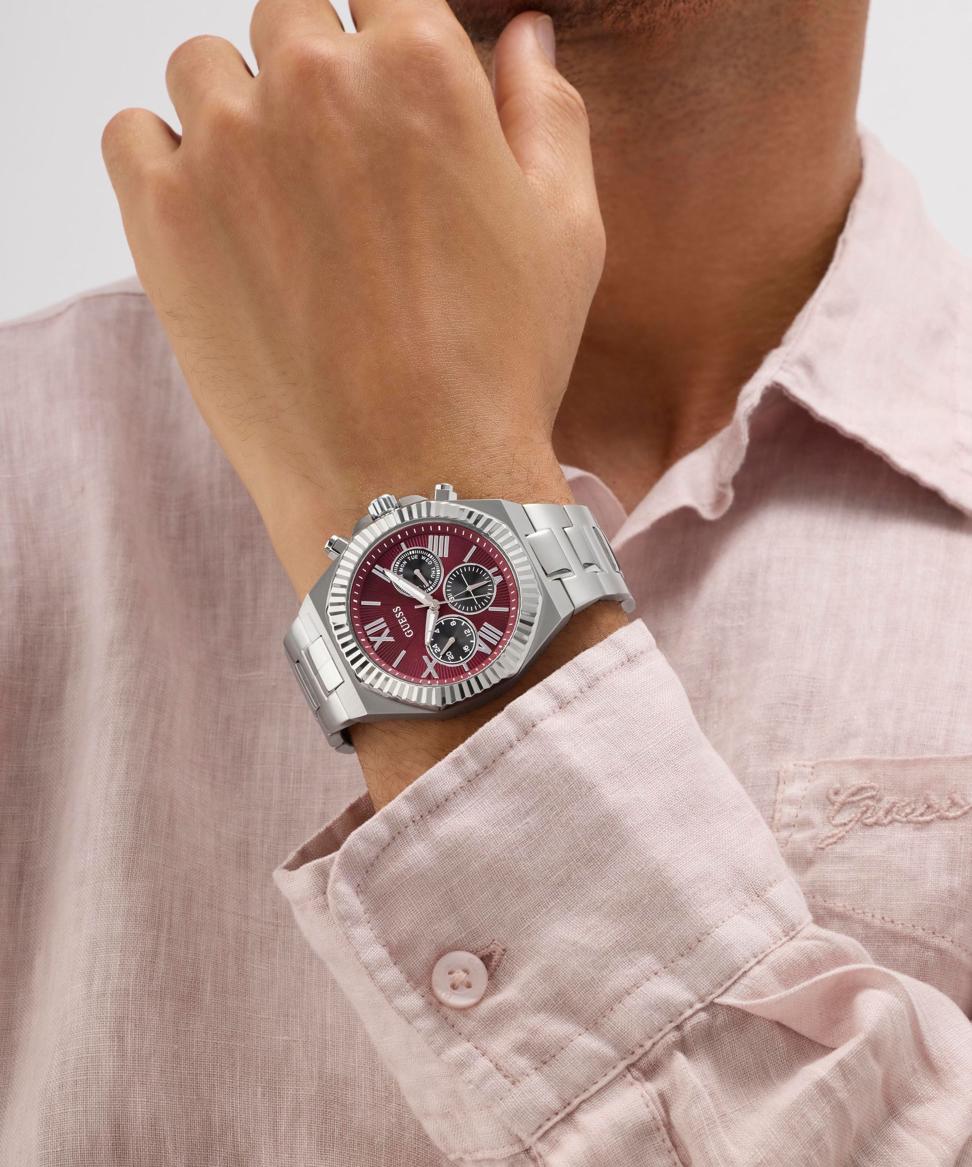 Guess Quarzuhr »GUESS-EQUITY« Armbanduhr, Herrenuhr, Edelstahlarmband, analog, Wochentag, Tag