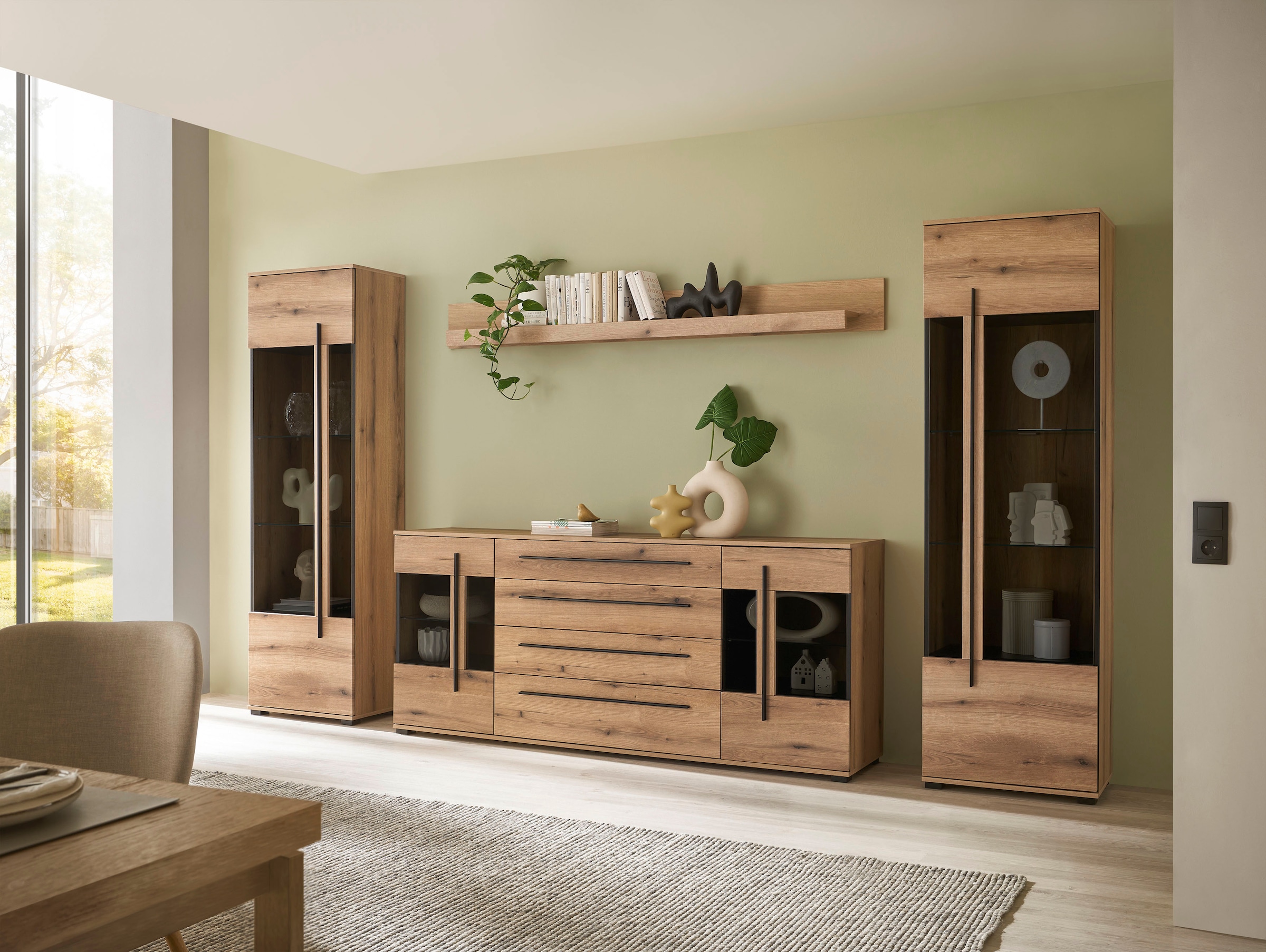 INOSIGN Wohnwand »Cantara, moderne Anbauwand, Wohnzimmer-Set, in Eiche Evoke oder Weiß«, (Set), enthält zwei Vitrinen, ein Sideboard und ein Wandboard