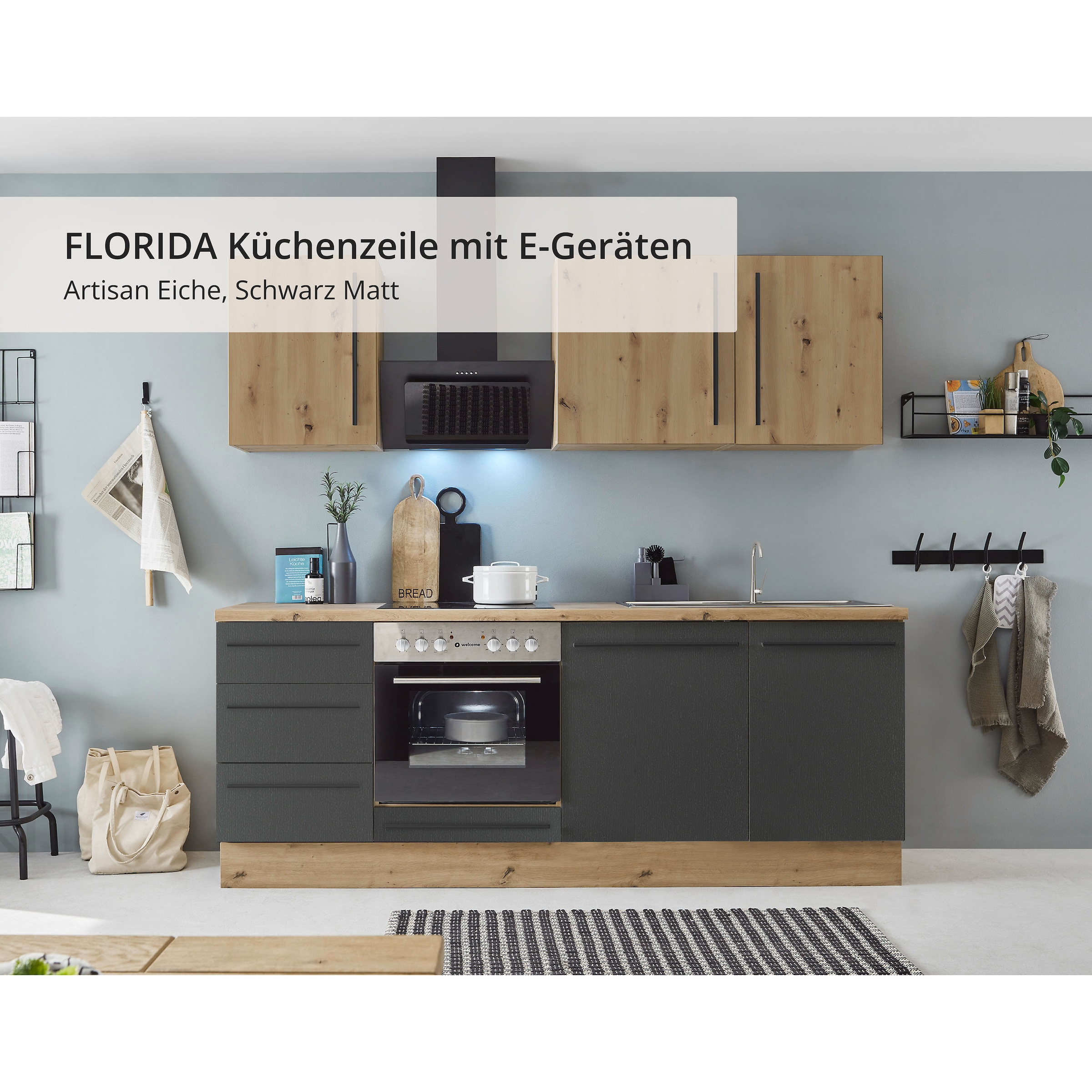 KOCHSTATION Küchenzeile »KS-Florida mit 38mm starker Arbeitsplatte«, Breite 220 cm, wahlweise mit E-Geräten, Soft-Close-Funktion