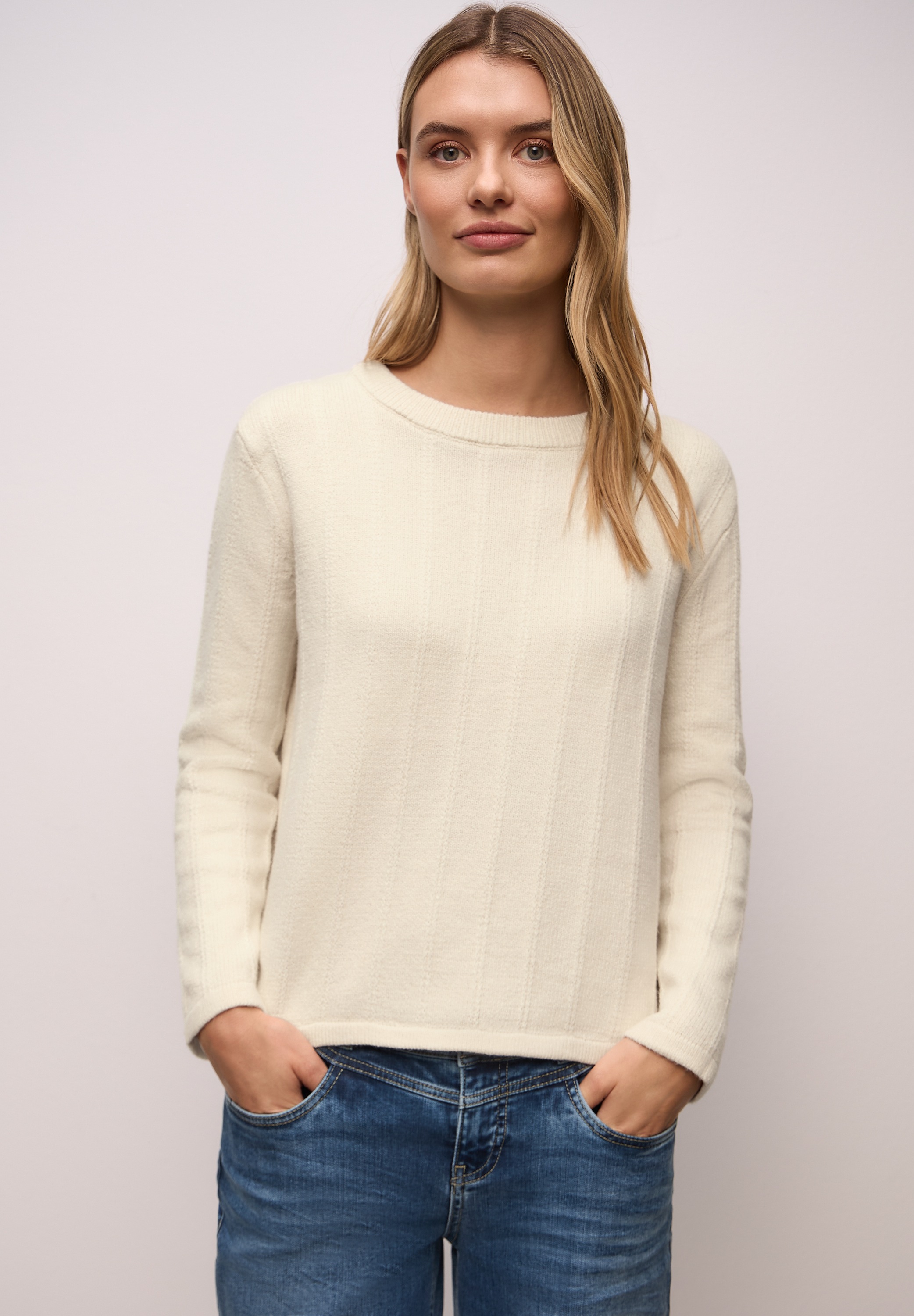 Rundhalspullover STREET ONE, Damen, Gr. 44, soft beige, Web, 37% Polyacryl, 29% Baumwolle, 29% Polyester, 5% Nylon, unifarben, normal normal, Rundhals, Rippbündchen, Pullover Rundhalspullover, mit Streifen-Struktur