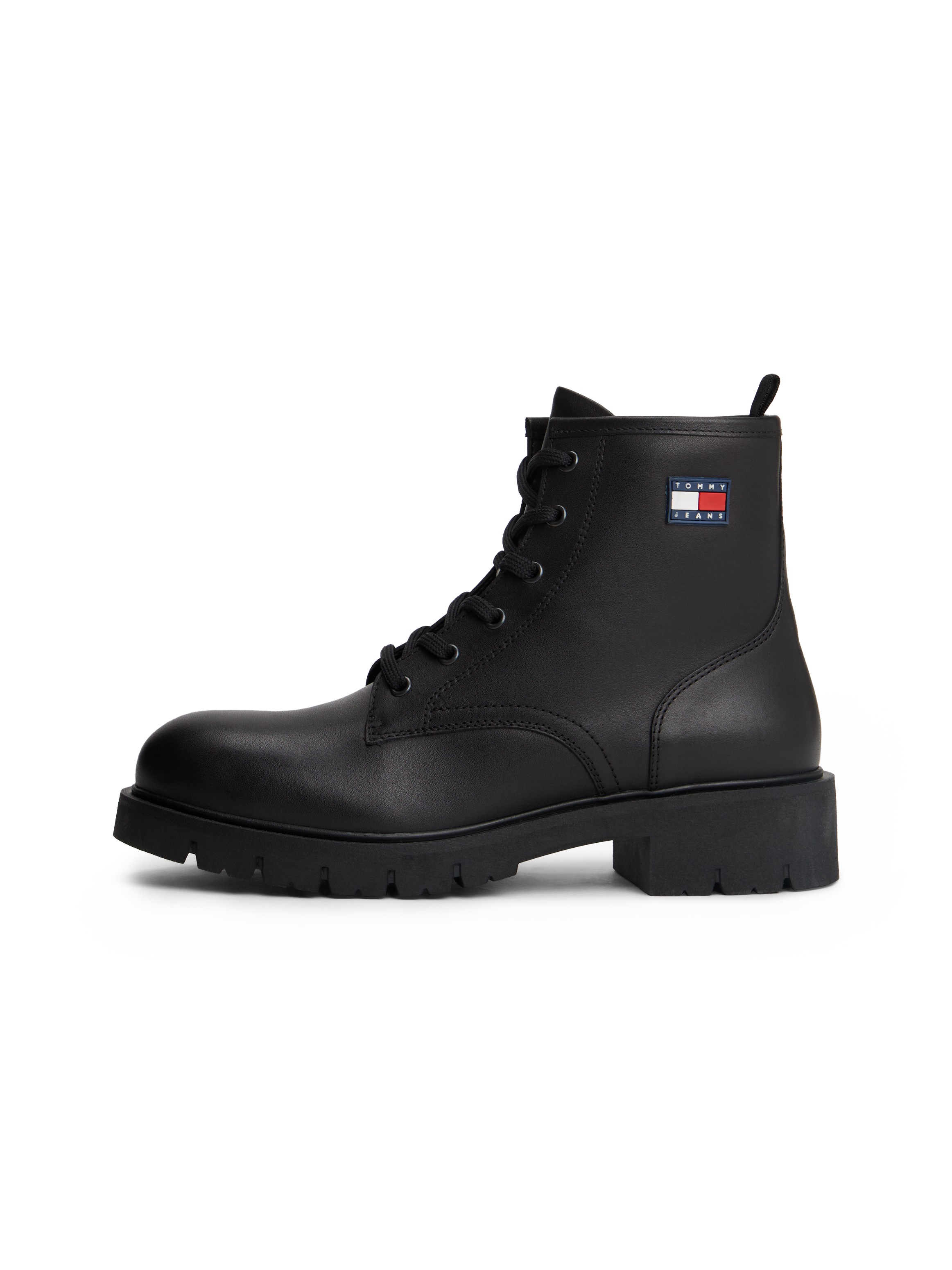 Tommy Jeans Schnürboots »TJW LACE UP LEATHER BOOT«, Blockabsatz, Schnürstiefelette mit Logoflag an der Seite