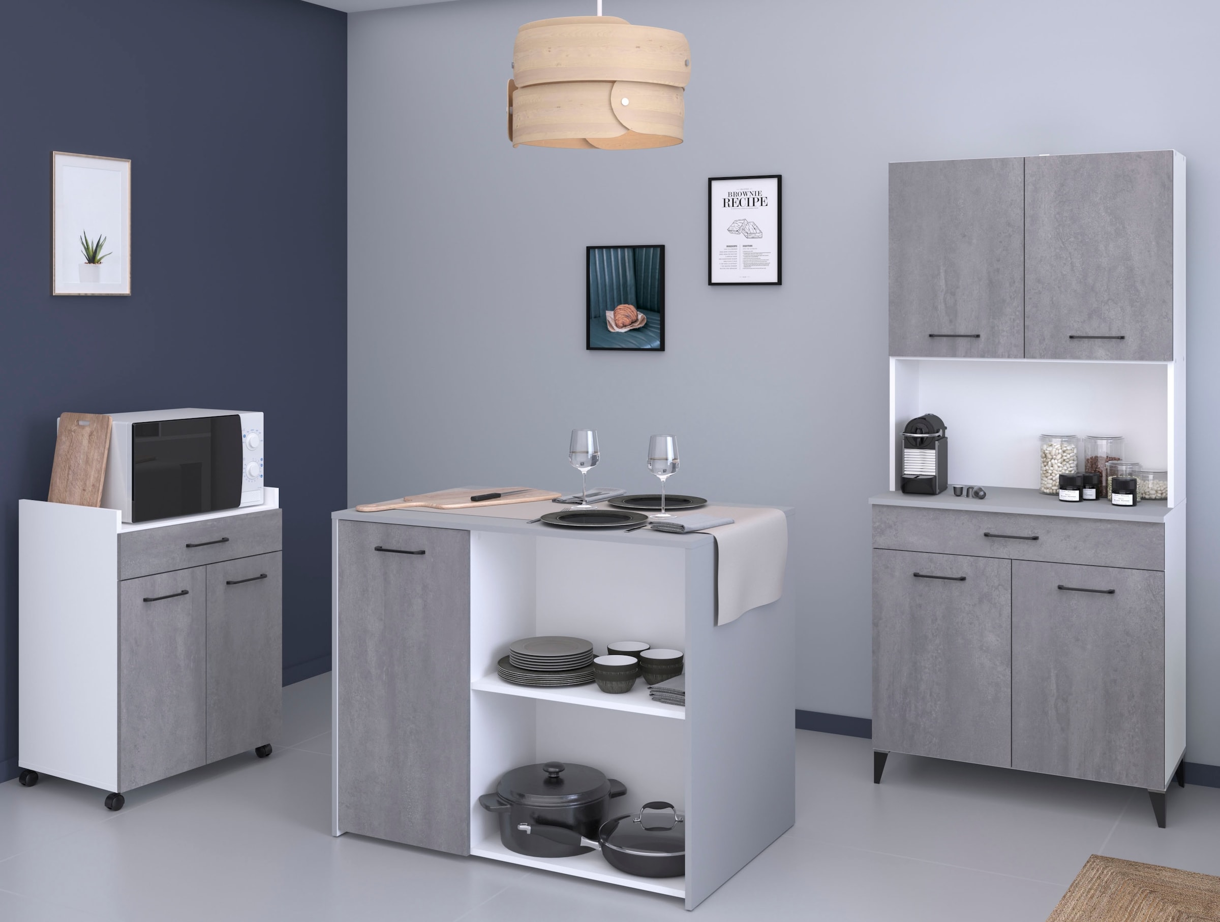 Parisot Schrank-Set »Parisot, Malice 5 - Buffet, Beistellschrank / Insel auf Rollen«, (3 St., Buffet, Beistellschrank, Insel - Mehrzweckrank Set), Beistellschrank auf Rollen, Insel mit Sitzgelegenheit, Beton-Optik