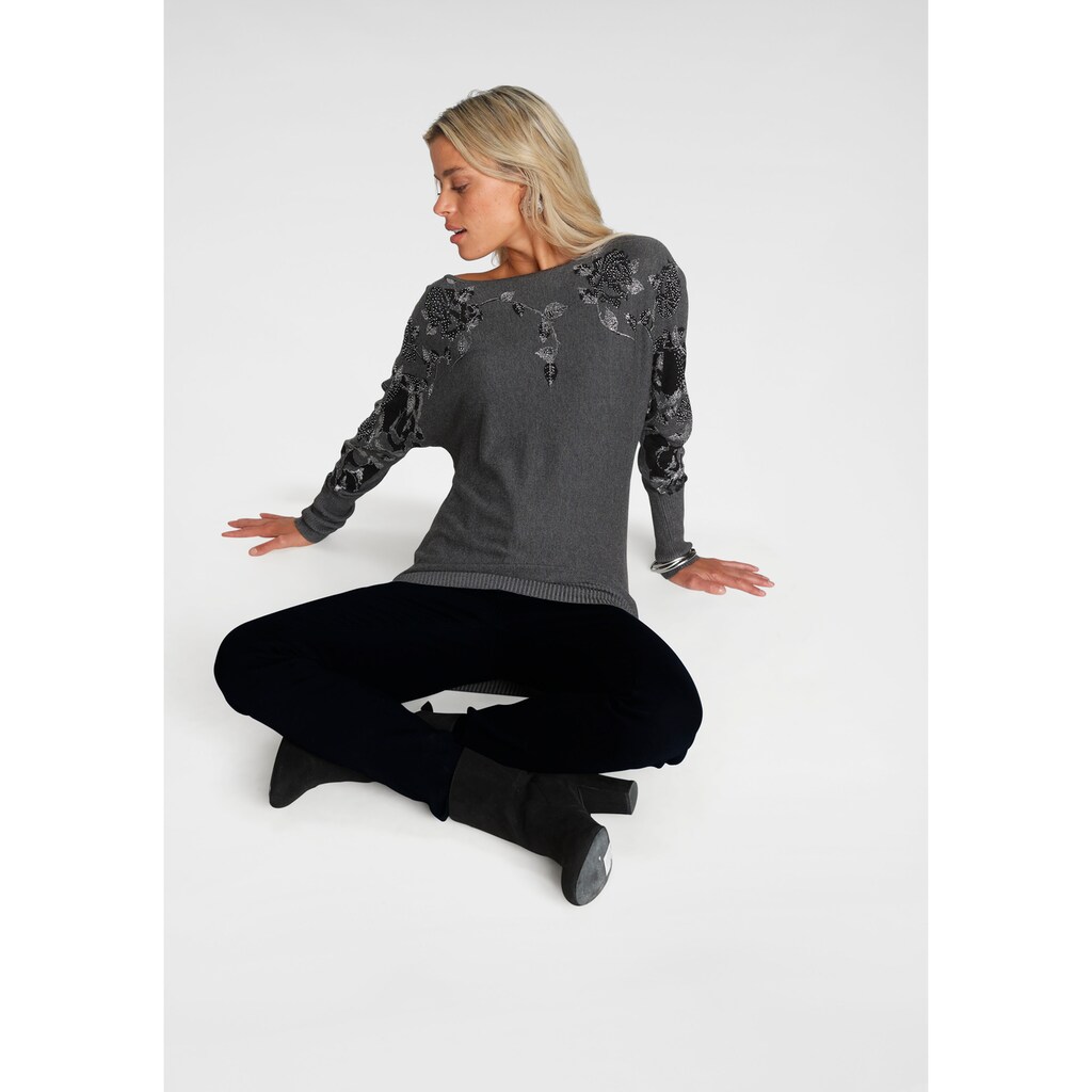 Damenmode Pullover Melrose Fledermauspullover, mit Blumenmuster und Glitzersteinen dunkelgrau Damenmode Pullover Melrose Fledermauspullover, mit Blumenmuster und Glitzersteinen dunkelgrau