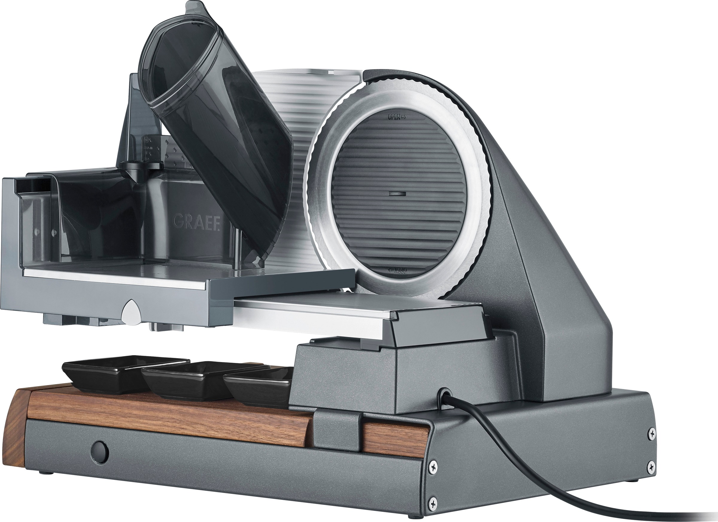 Thumbnail - Graef Allesschneider "ICONIC²³ S55006" 170 W mit Walnussholz-Schneidbrett, 3 Dip-Schälchen aus Porzellan