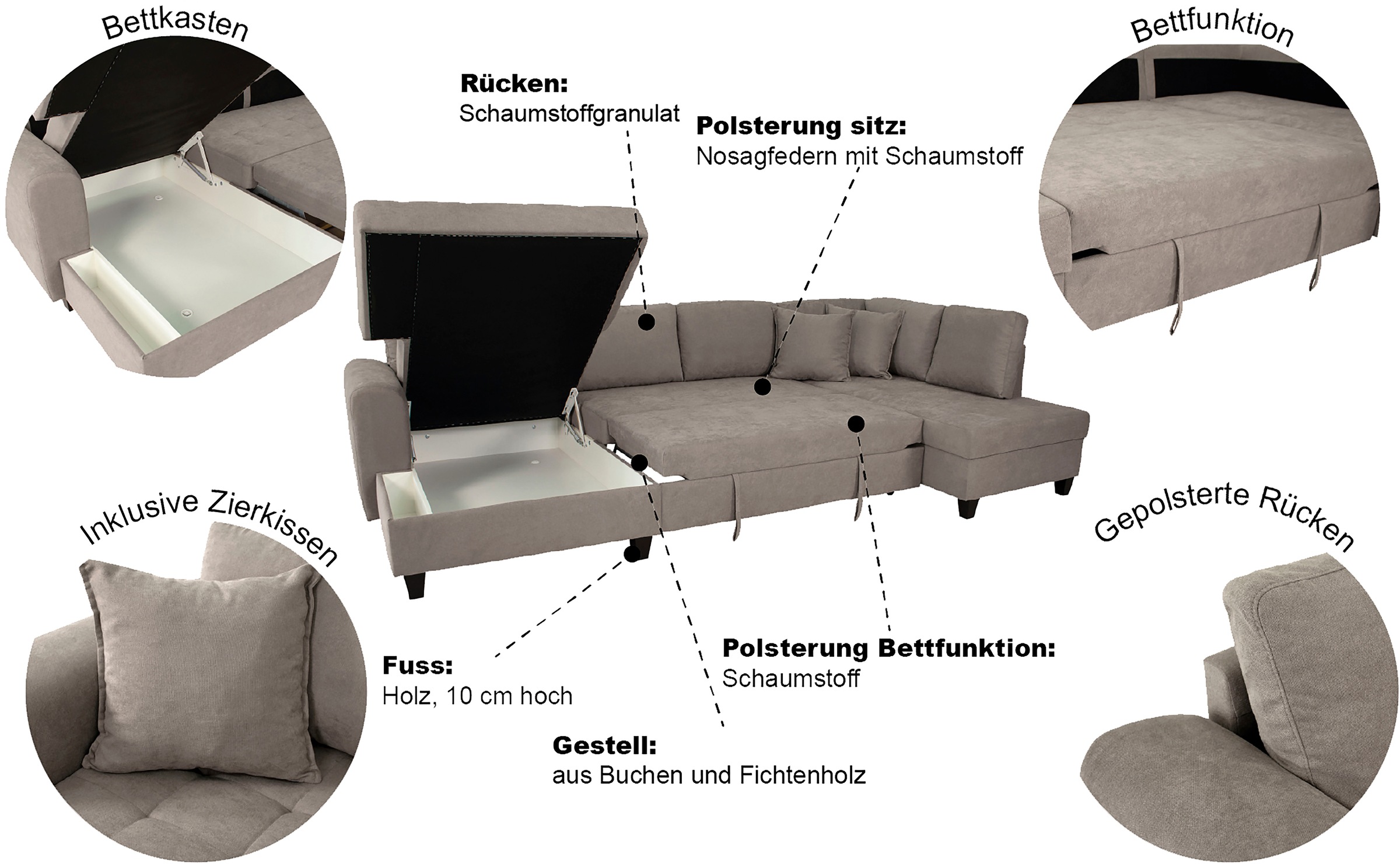 Thumbnail - Trends by HG Wohnlandschaft "Moritz U-Form, B: 324 cm" mit Bettfunktion, Bettkasten & Zierkissen