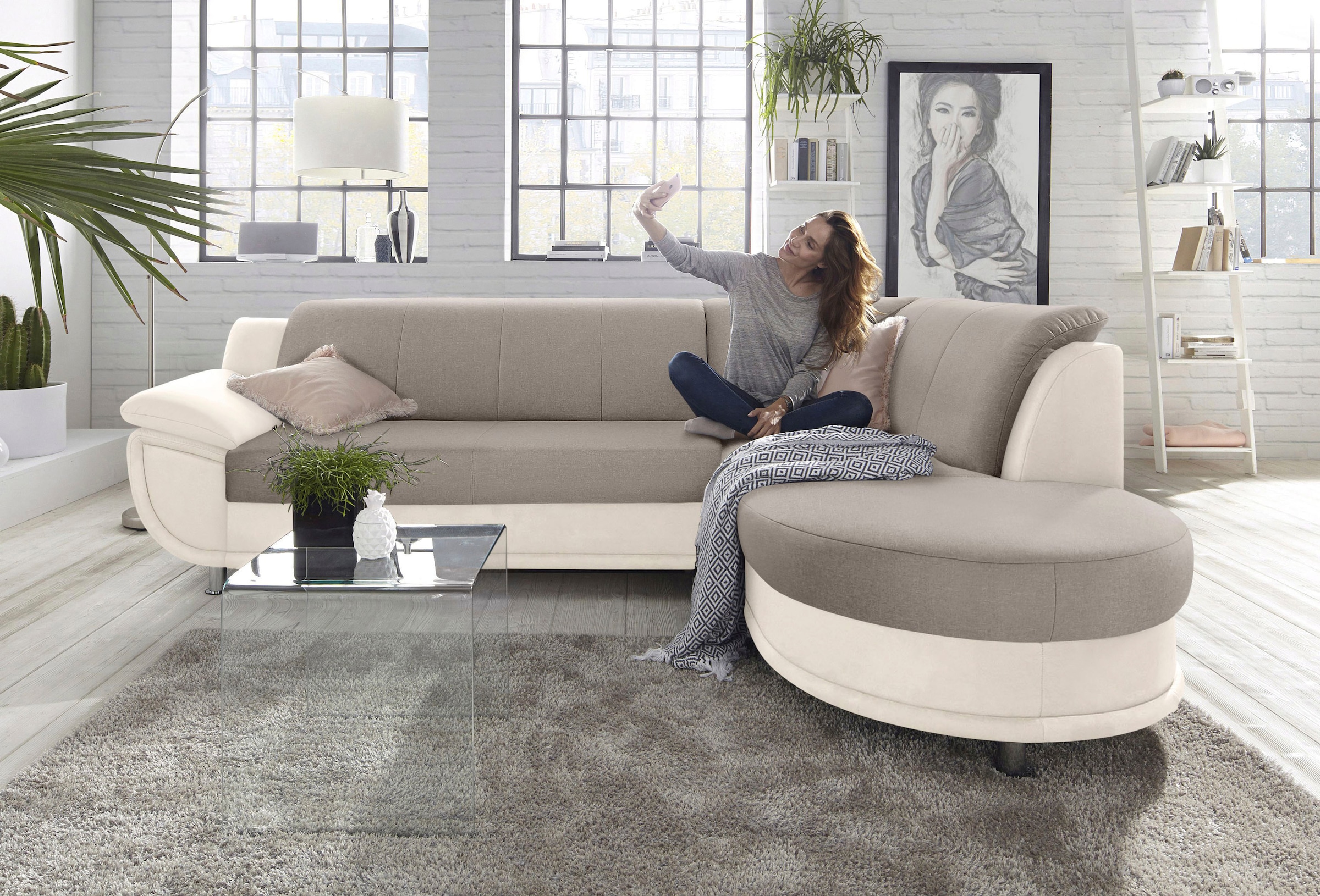 TRENDMANUFAKTUR Ecksofa "Rondo 3, zeitlos & bequem, Materialmix, L-Form, Breite 265cm" wahlweise mit Federkern für mehr Komfort, wahlweise mit Bettfunktion