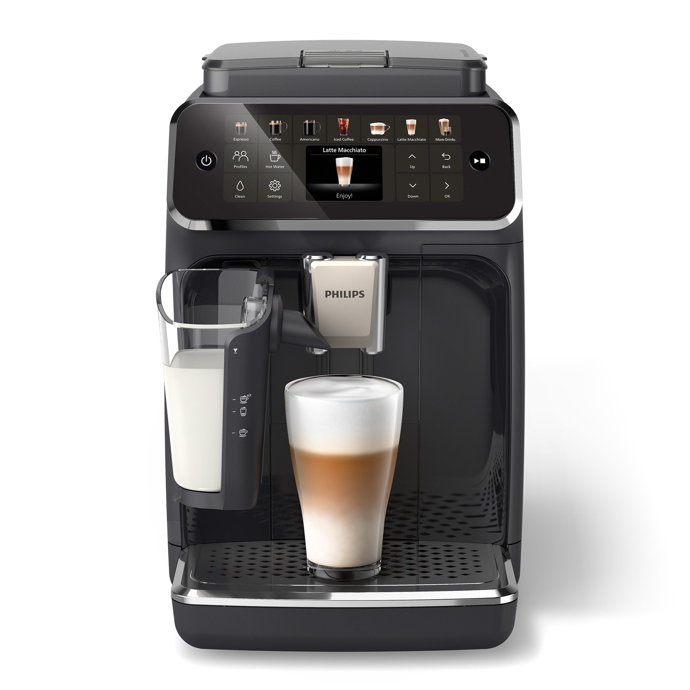 Philips Kaffeevollautomat »EP4441/50 4400 Series, 12 Kaffeespezialitäten (heiß oder eisgekühlt),«, LatteGo-Milchsystem, SilentBrew Technologie, Schwarz