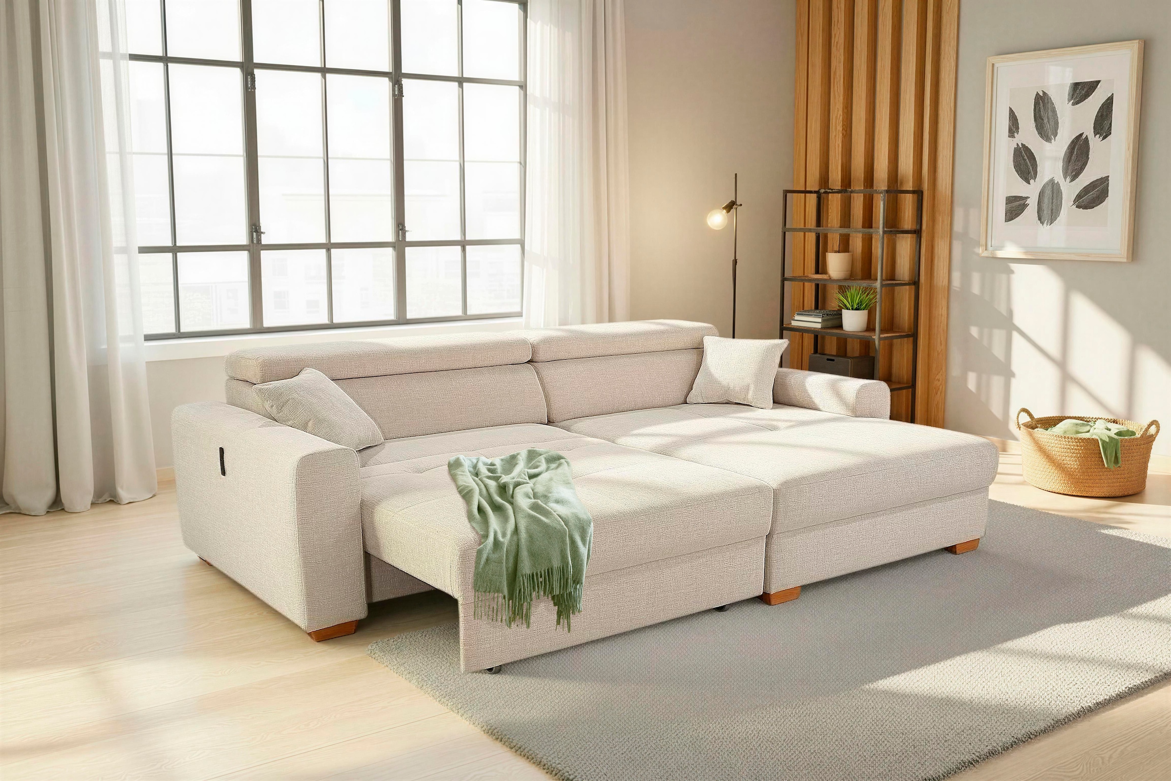 Jockenhöfer Gruppe Ecksofa »Slider L-Form, B: 277 cm, Liegefl. 135x227 cm, 60 cm elektr. Sitztiefe« 140kg Belastbarkeit, USB-Anschluss, Kopfteilverstellung & Zierkissen