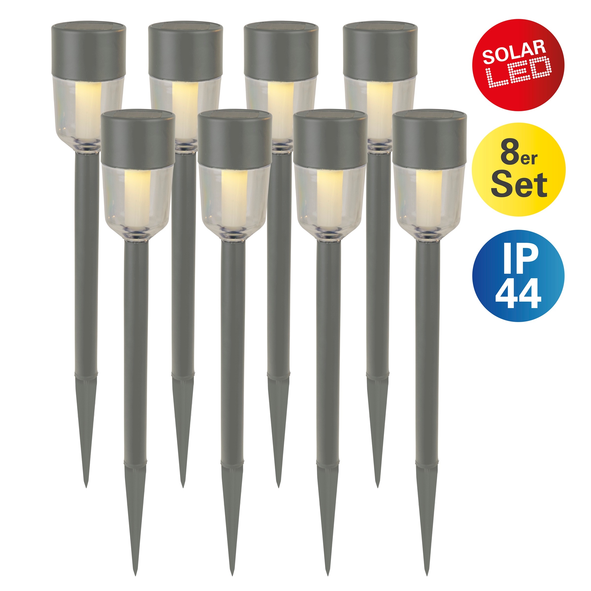 LED Solarleuchte NÄVE "Doha", grau, H:35,5cm Ø:4,7cm, Leuchten, 8er-Set Dekoerdspieß, je H: 35,5cm, grau, LED warmweiß, Leuchtdauer 8h