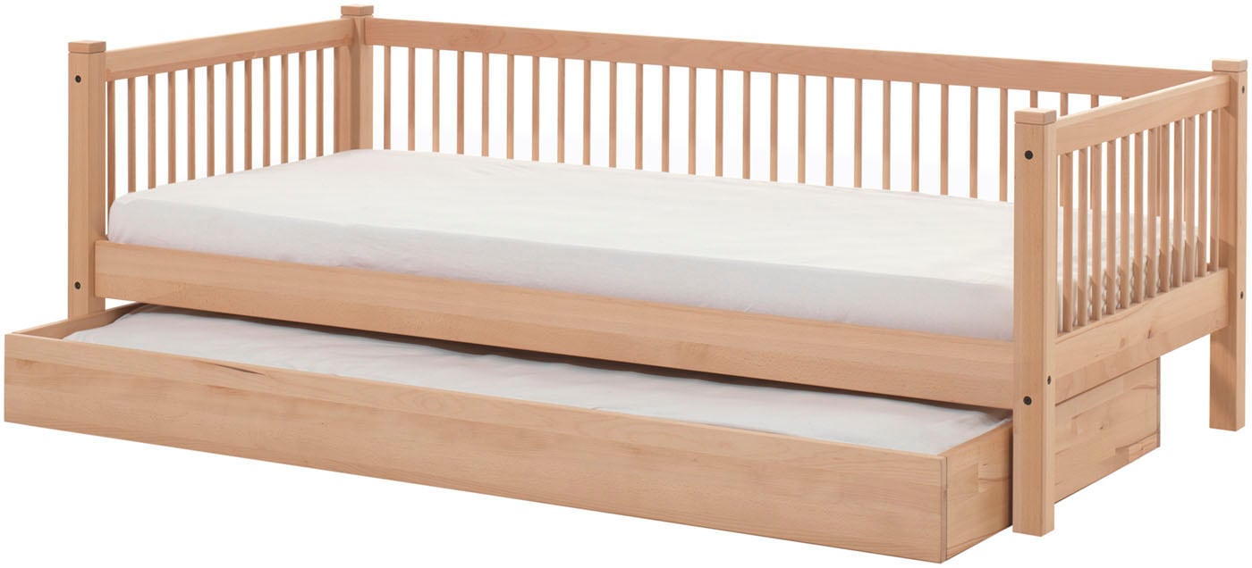Vipack Daybett »Liegefläche 90 x 200 cm, inkl. Sprossenumrandung, zeitloses Design« Buche massiv, sehr stabil und standfest gebaut, inkl. Rolllattenrost,  die Bettschublade bietet Stauraum oder als Zusatzbett nutzbar
