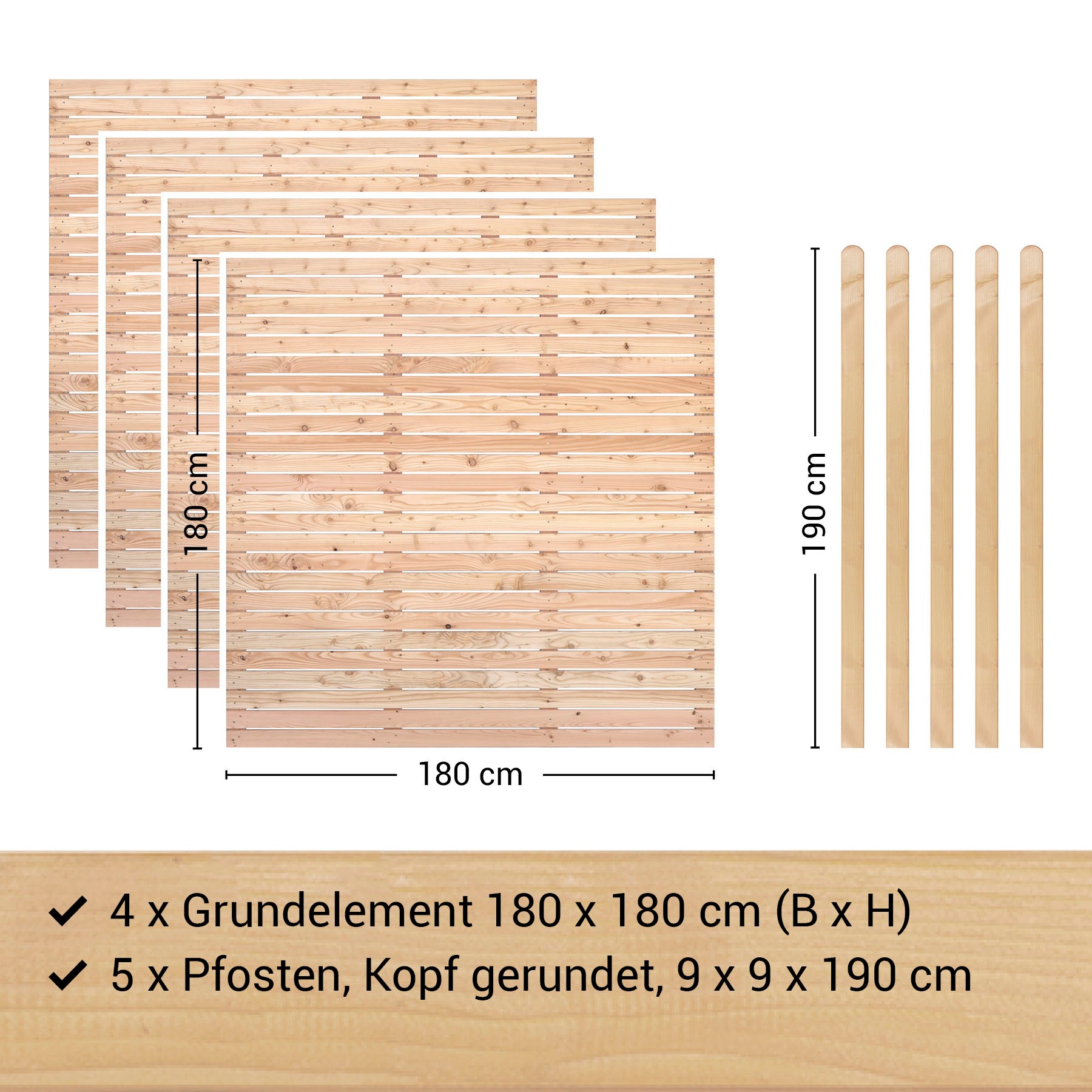 BM Massivholz Zaun »Kurt Set 4«, 4 Zaunelemente 180 x 180cm, 5 Pfosten, Kopf gerundet, Länge 190cm