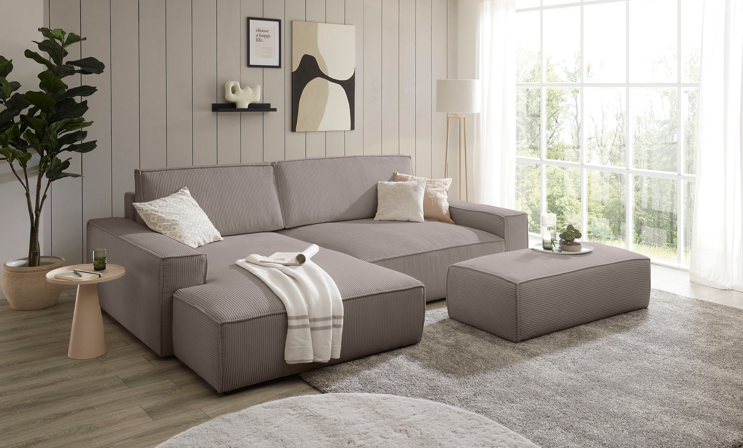Home affaire Polsterecke »NEU: SHERWOOD XXL tief, L-Form mit Schlaffunktion, Big-Sofa mit Hocker«, (Set, 2 St.), stellbar zum Schlafsofa (Krokodilverbinder), Cord, Leinenoptik