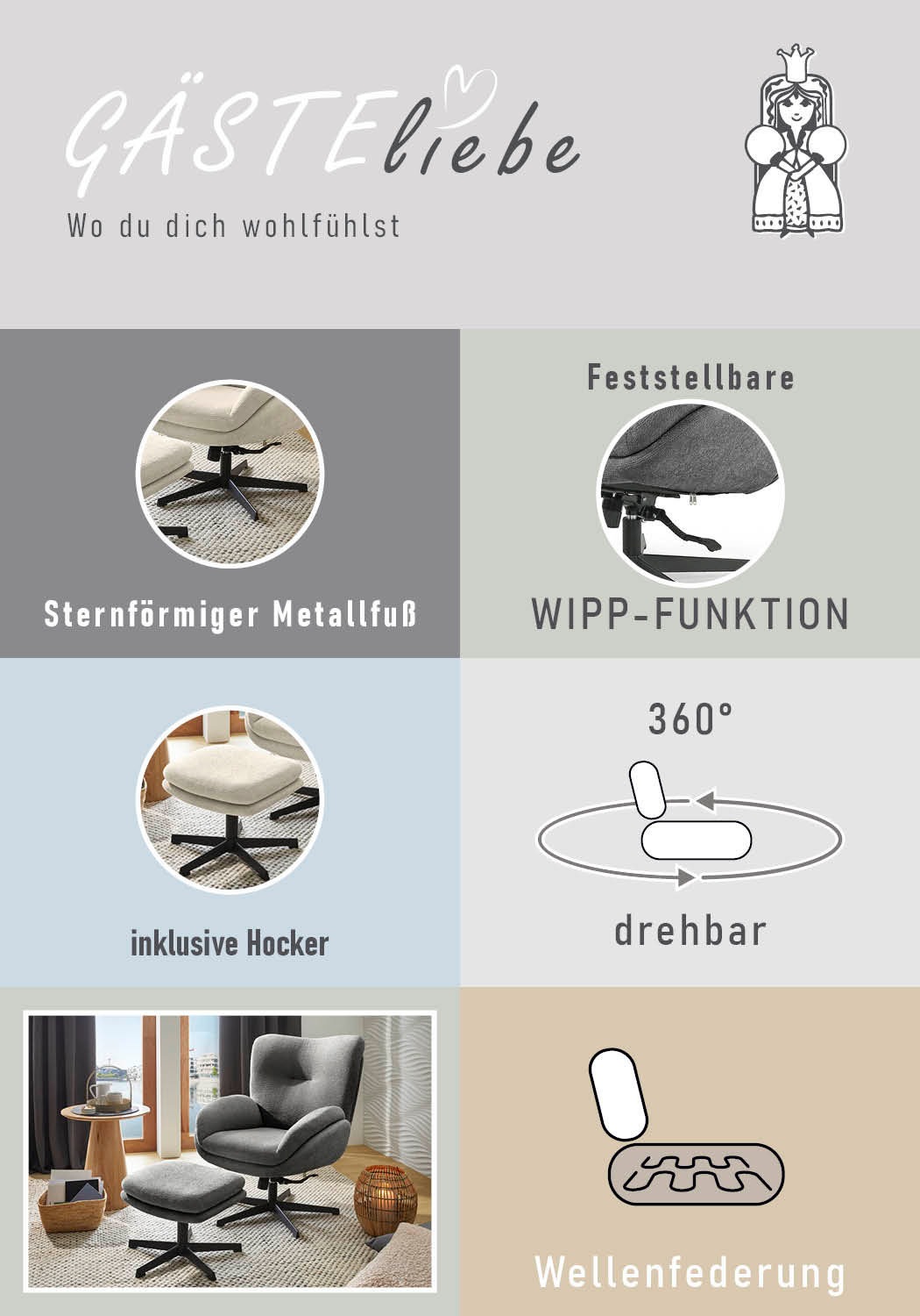 Jockenhöfer Gruppe Relaxsessel »Hawaii, B: 76 cm, Sitzhöhe: 48 cm« Set: mit Hocker, 360° Drehfunktion, feststellbare Wipp-Funktion