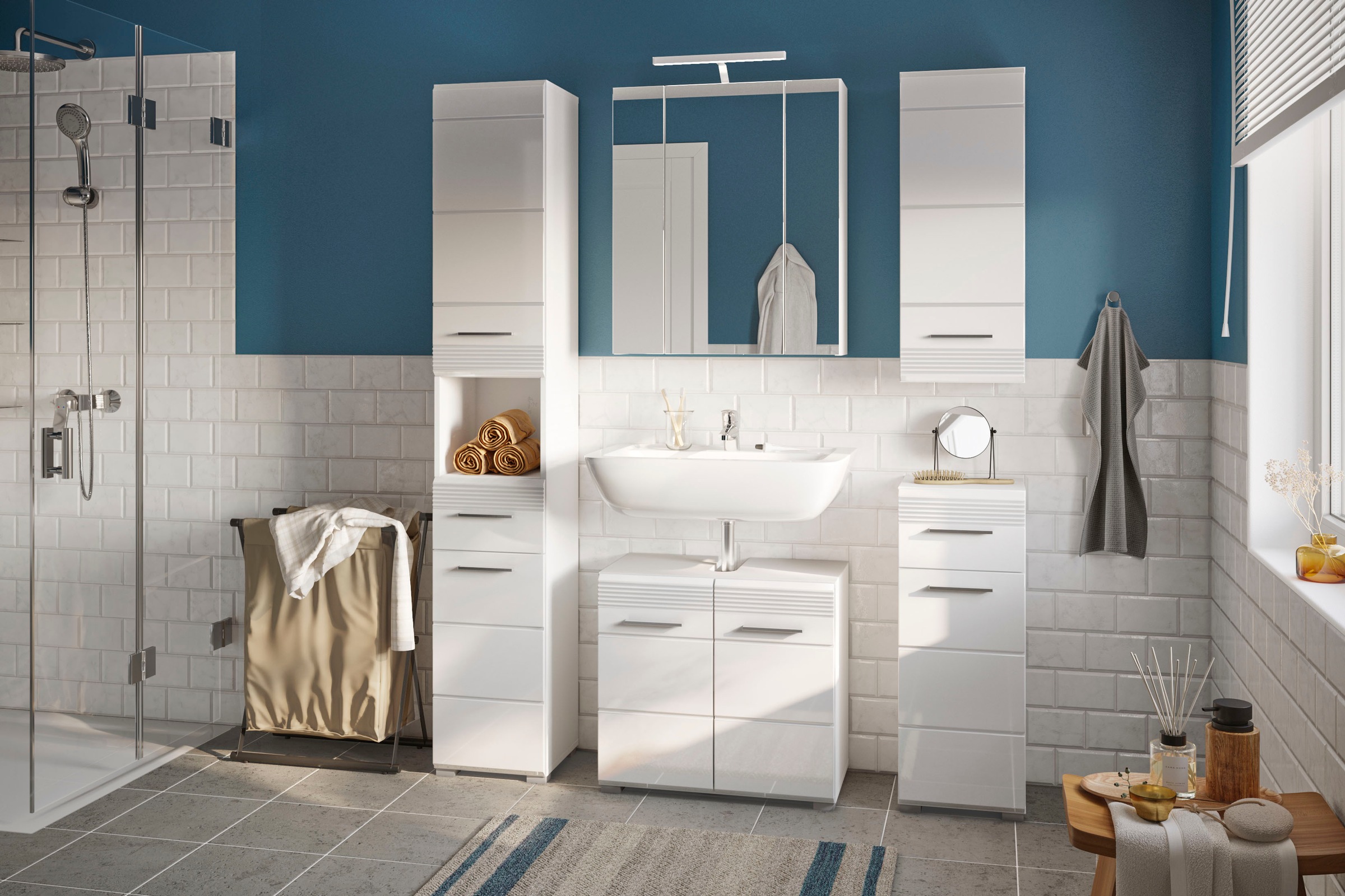 INOSIGN Badmöbel-Set »Malmö, 2 teilig, inklusive LED Beleuchtung, bestehend aus:«, (Set, 2 St.), Waschbeckenunterschrank, Spiegelschrank, LED Badaufsatzleuchte