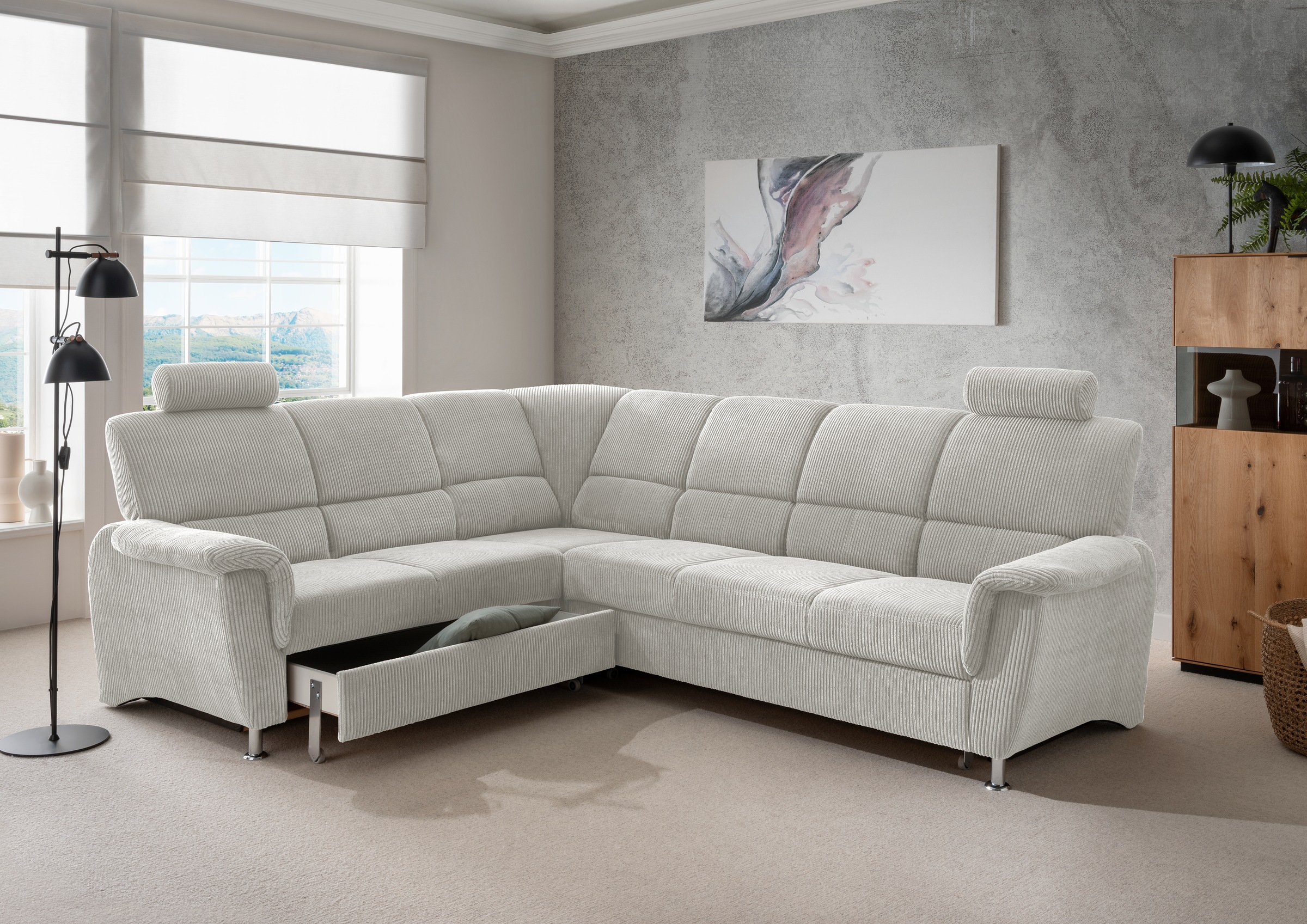 Home affaire Ecksofa »Pisa L-Form, mit Schlaffunktion, Stauraum, 2x höhenverstellbare«, Kopfstützen und Relaxfunktion im Eckelement