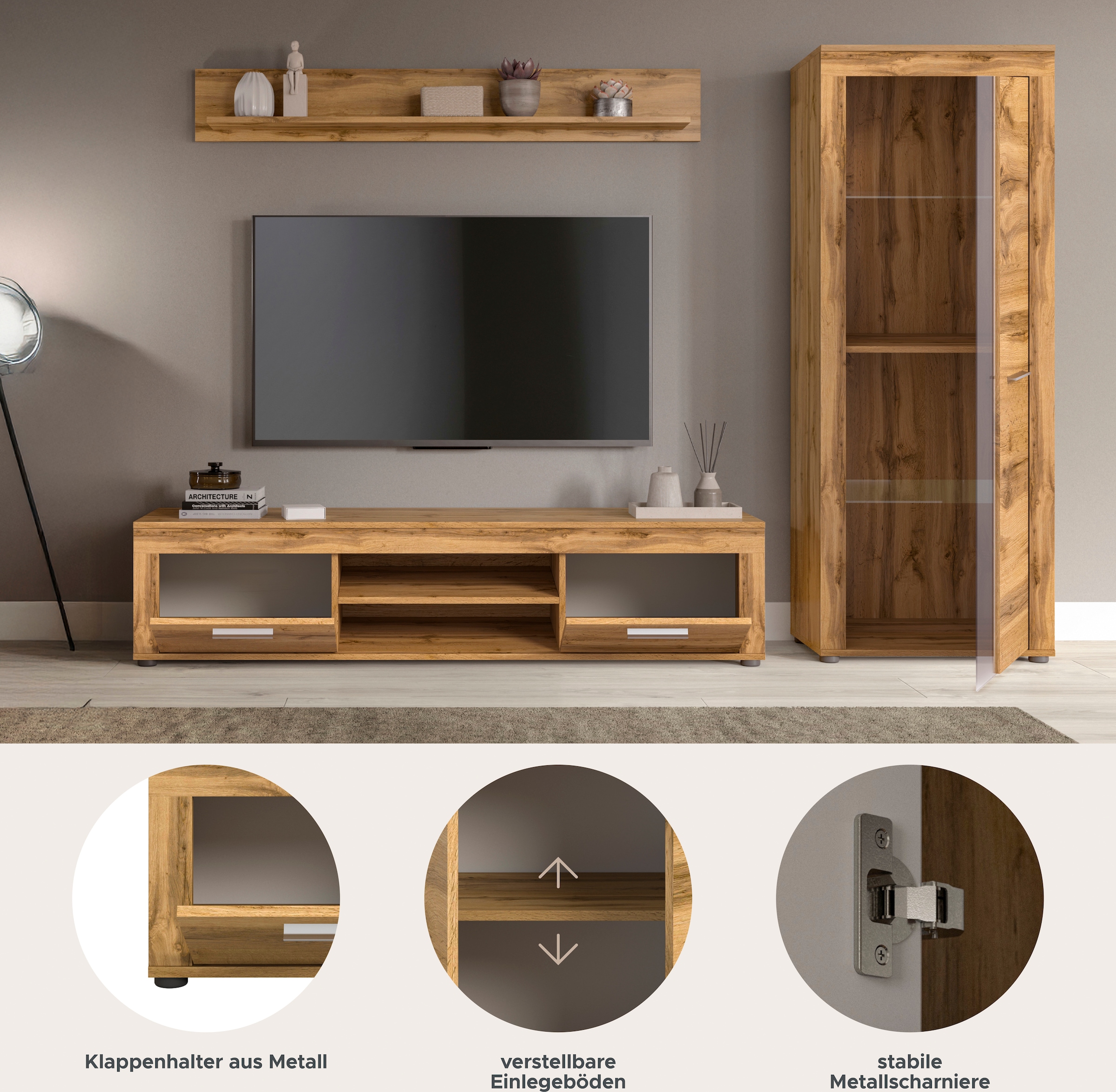 INOSIGN Wohnwand »Aosta, Breite 235cm, bestehend aus Lowboard, Wandboard, Vitrine«, (3 St.), Wohnwand, Kombination, Anbauwand, Möbel Set, Schrankwand, Möbel Kombi