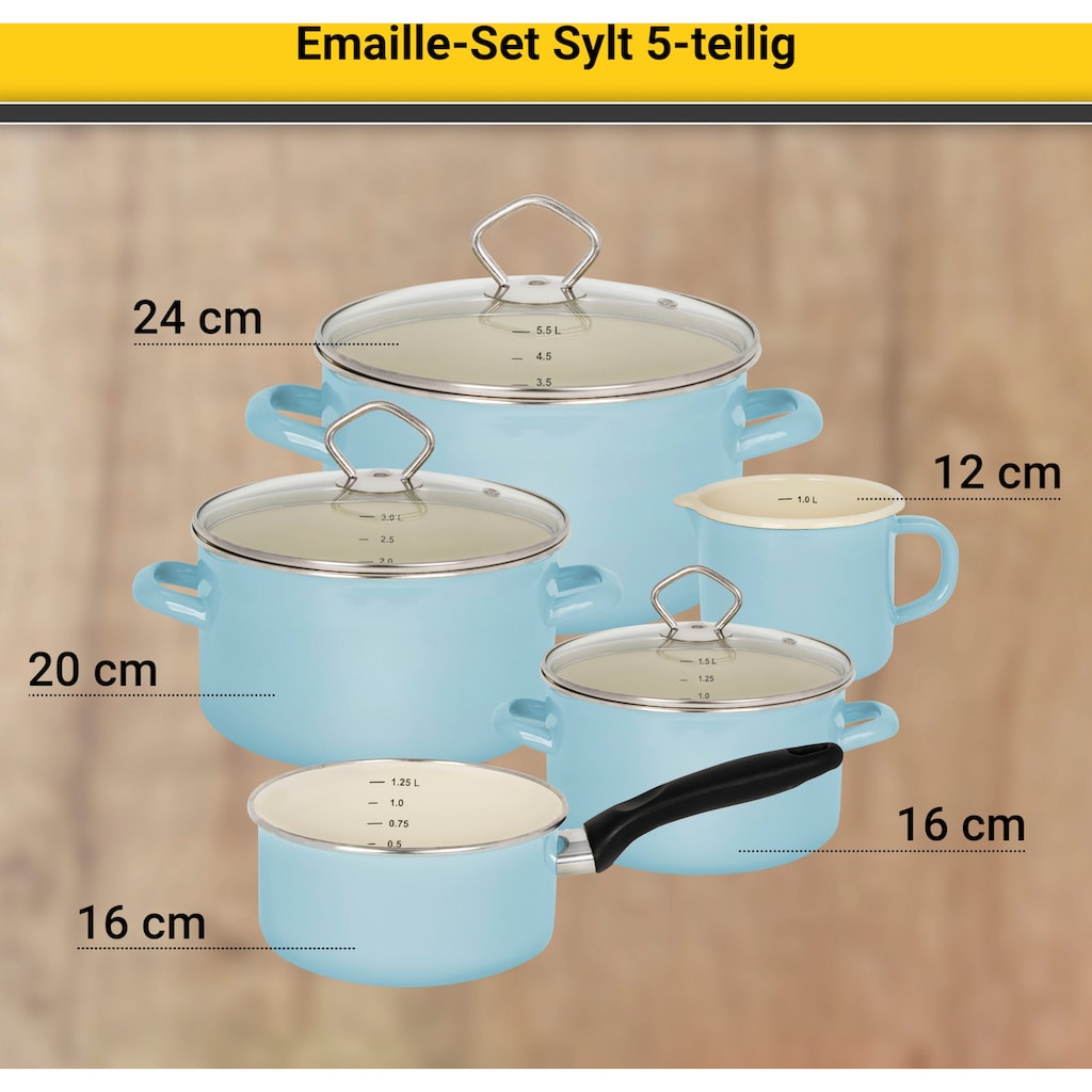 Krüger Topf-Set »Sylt«, Emaille-Aluminiumguss, (Set, 8 tlg., Fleischtopf 16/20/24 cm, Milchtopf 12 cm, Stieltopf 16 cm), Induktion