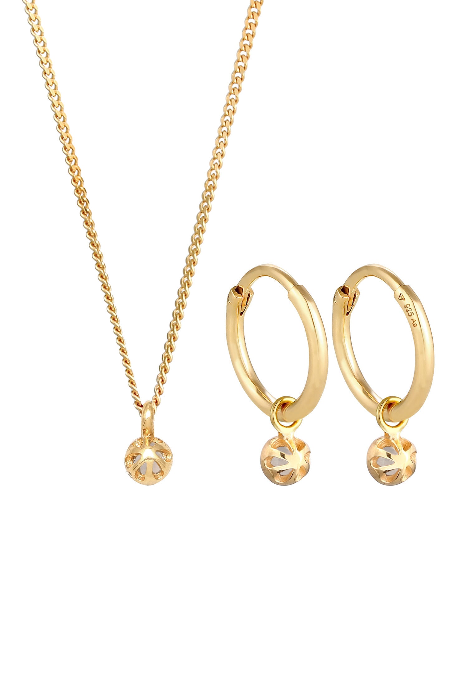 Elli Premium Ohrring und Ketten Set »Schmuckset Kette Creolen Mondstein Stein 925 Silber« ()